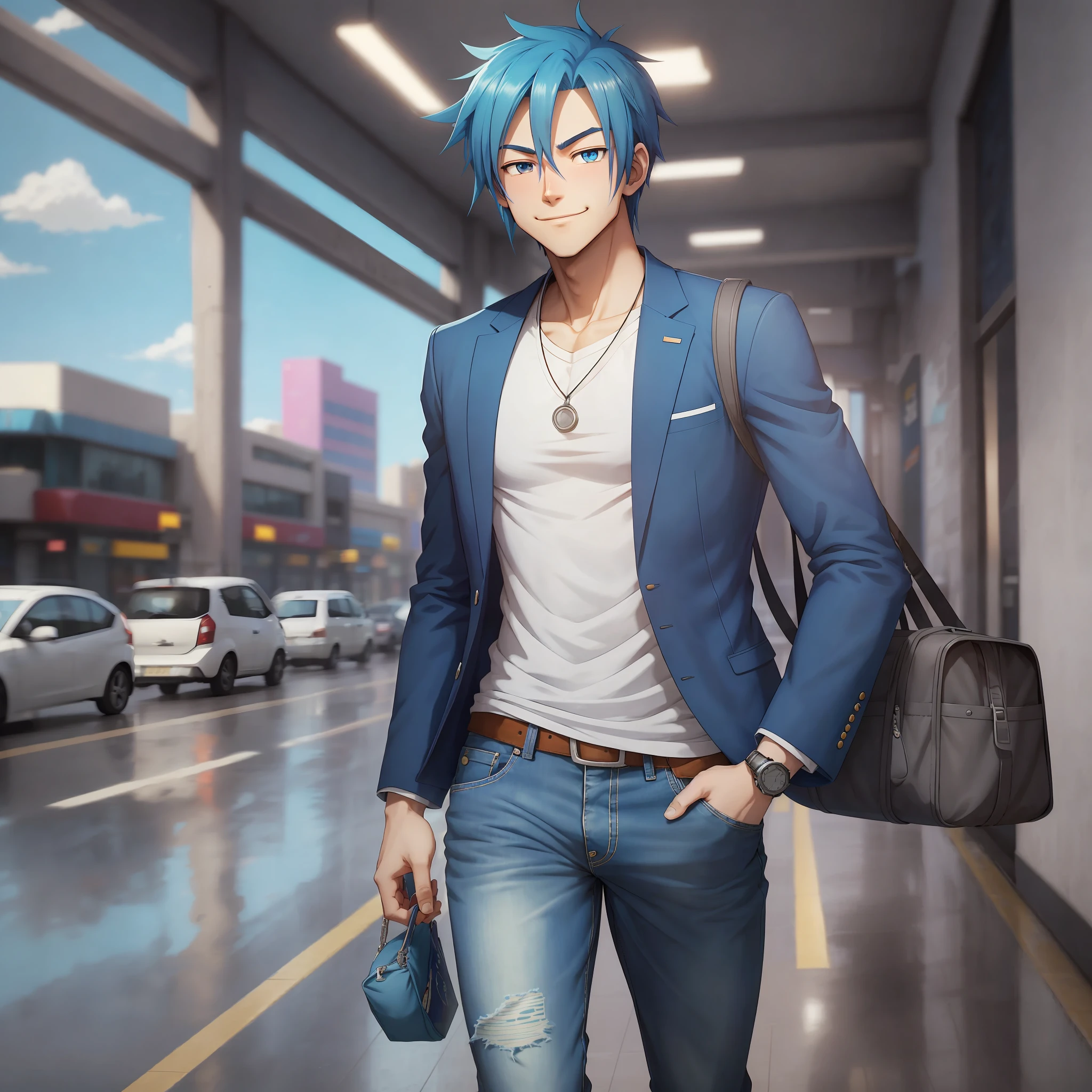 Animation of the young character smiling with anime style, blue hair, is wearing a blue shirt and blazer for a professional look. He wears jeans and a pair of sneakers, is holding a bag in one hand. Welcoming complete with a background and Professional Closing 8.0 in 3D. Collection 4D, n-6. No text. --auto --s2