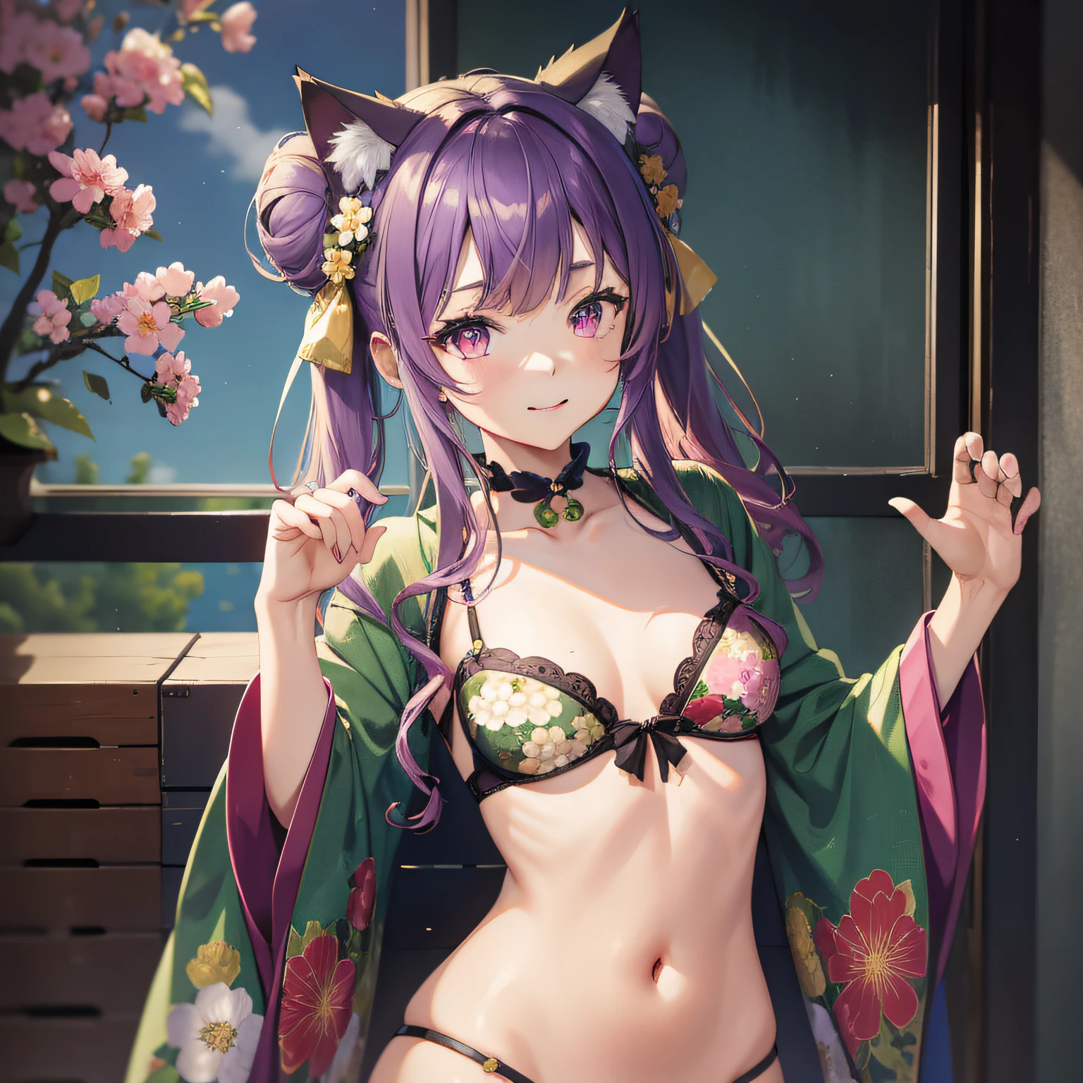 masterpiece, high resolution, high quality, green kimono, floral pattern, small breasts, cat ears, pink eyes, purple hair, bun,