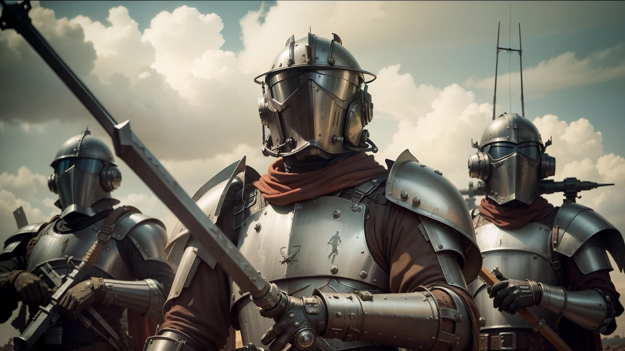 there are three men in armor standing together with swords, futuristic dieselpunk street, youtube thumbnail, wastelands, shot on anamorphic lenses, realistic restored face, red heavy armor, by David B. Mattingly, machinarium, streaming on twitch, kit bash, guards, rural wastelands