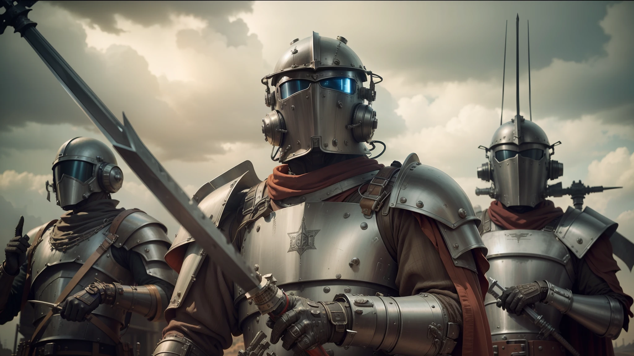 there are three men in armor standing together with swords, futuristic dieselpunk street, youtube thumbnail, wastelands, shot on anamorphic lenses, realistic restored face, red heavy armor, by David B. Mattingly, machinarium, streaming on twitch, kit bash, guards, rural wastelands