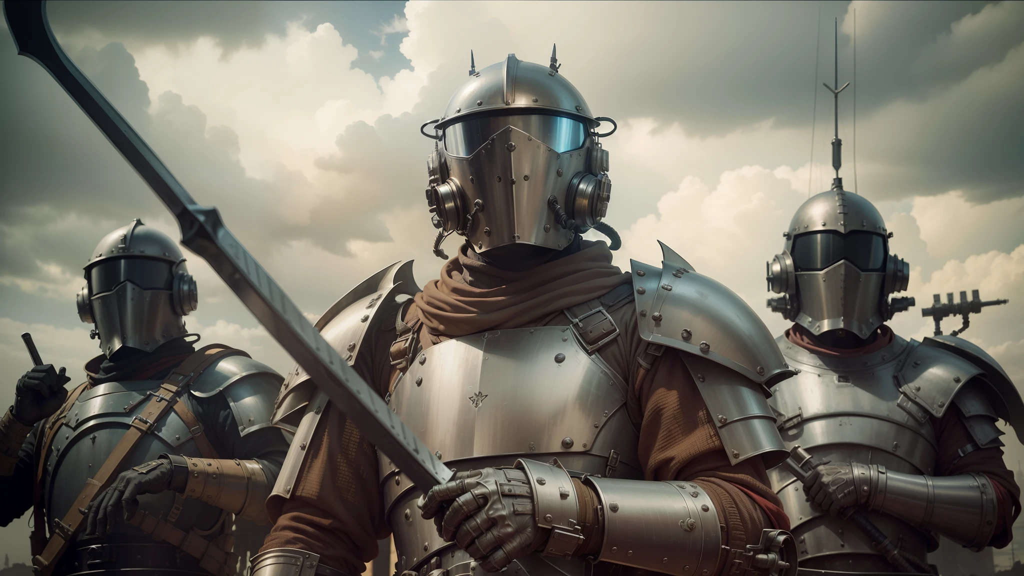 there are three men in armor standing together with swords, futuristic dieselpunk street, youtube thumbnail, wastelands, shot on anamorphic lenses, realistic restored face, red heavy armor, by David B. Mattingly, machinarium, streaming on twitch, kit bash, guards, rural wastelands