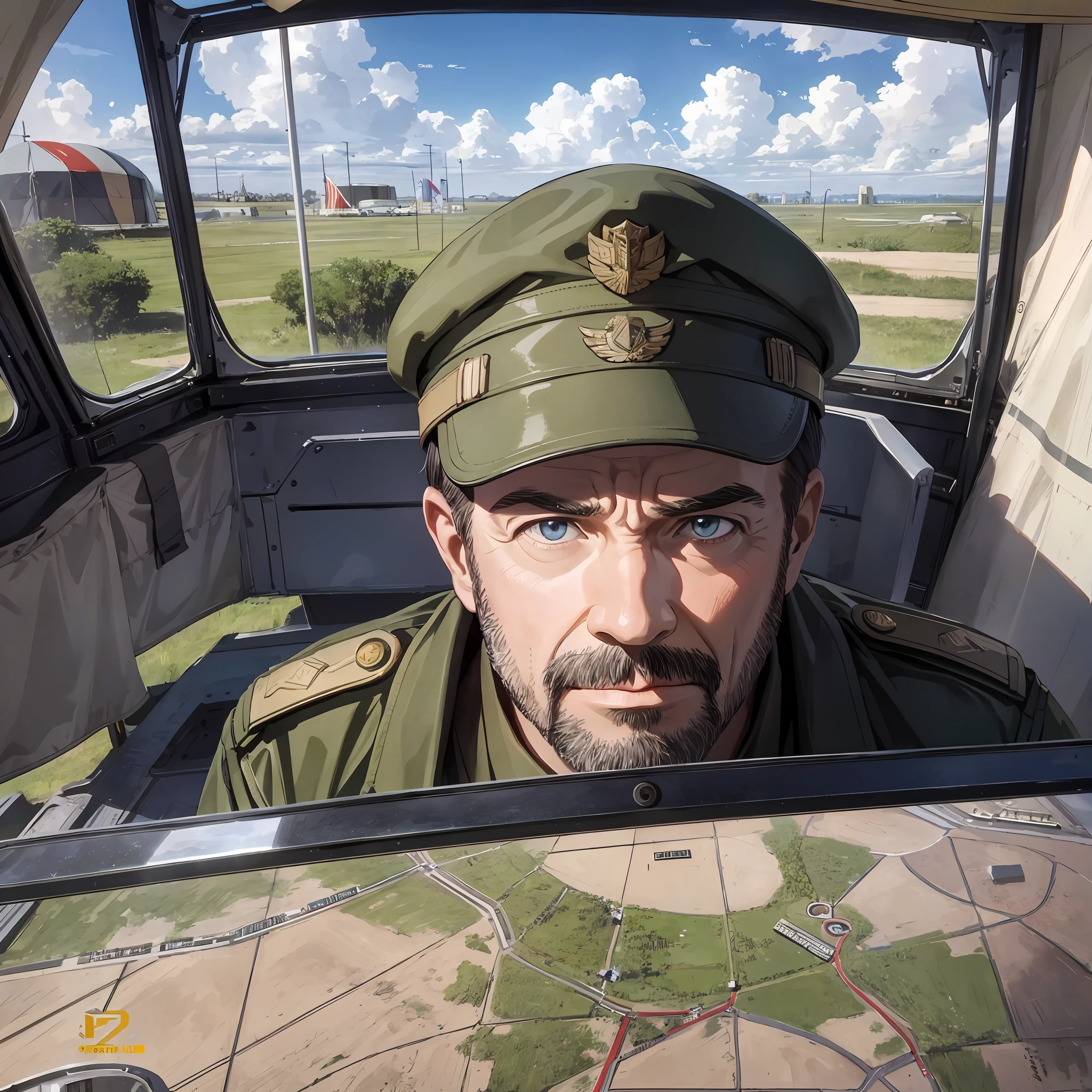 Major General middle-aged man, the background is a large scientific observation post with many large screens, surprised expressions, the background is the large tent of the combat headquarters, there is a map