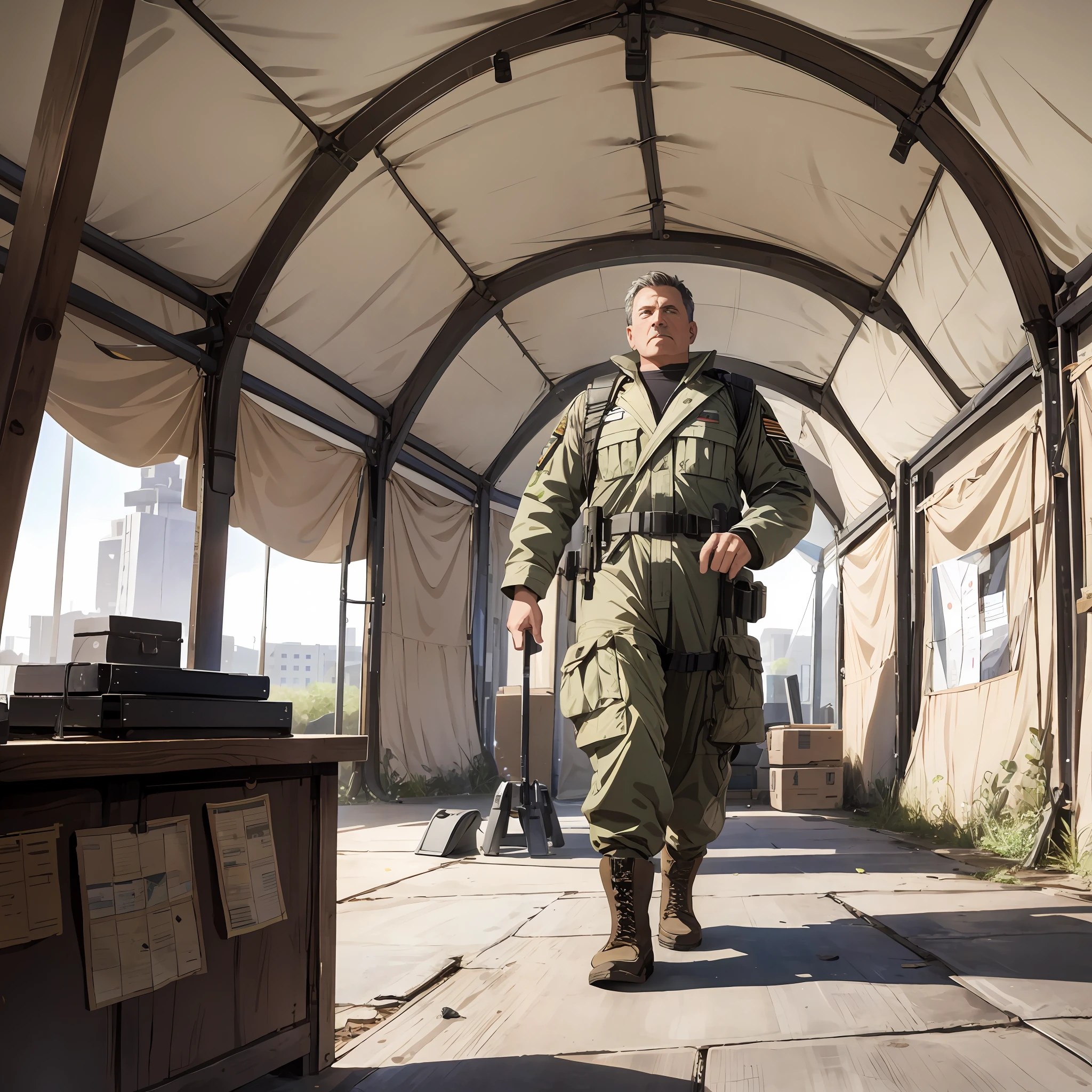 Major General middle-aged man, the background is a large scientific observation post with many large screens, surprised expressions, the background is the large tent of the combat headquarters, there is a map