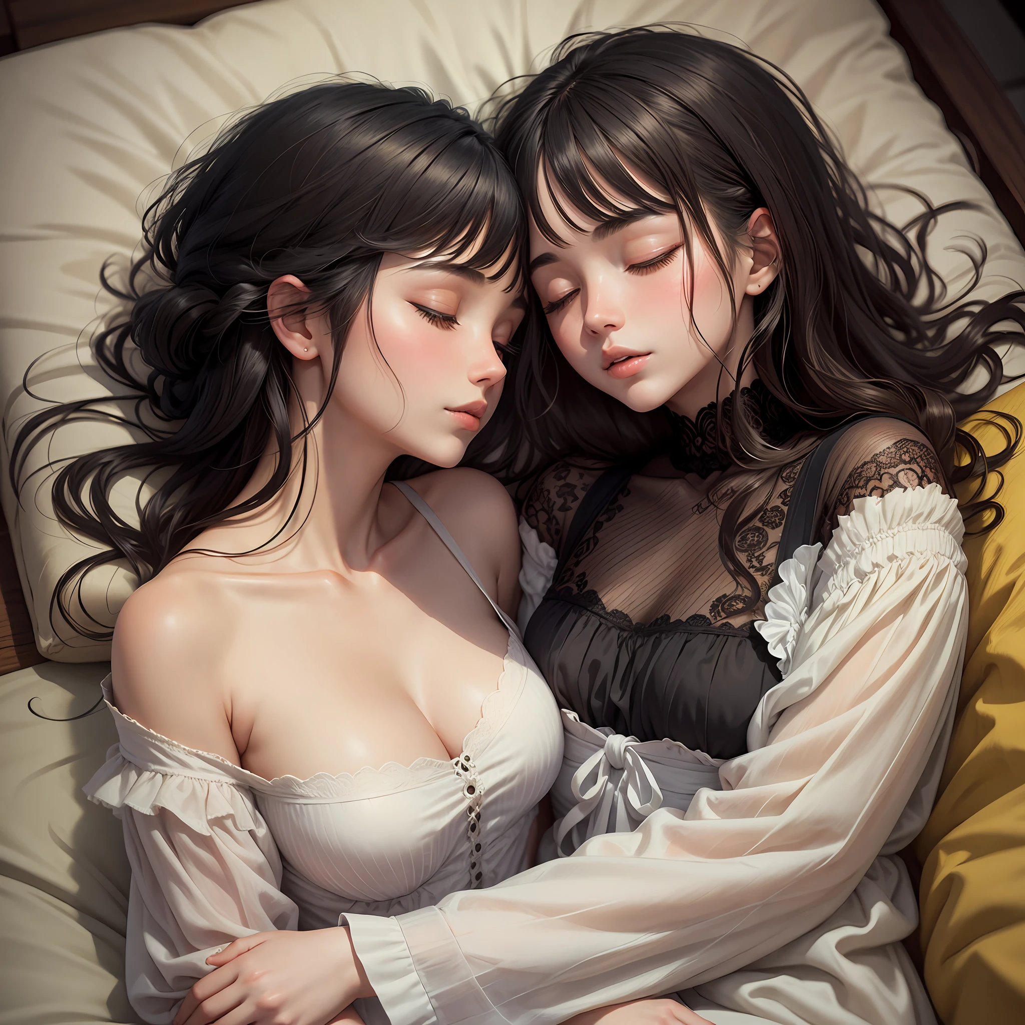 Black-haired girl with hugging another girl, sleeping, high quality, highly detailed dream with blonde woman, masterpiece --auto --s2