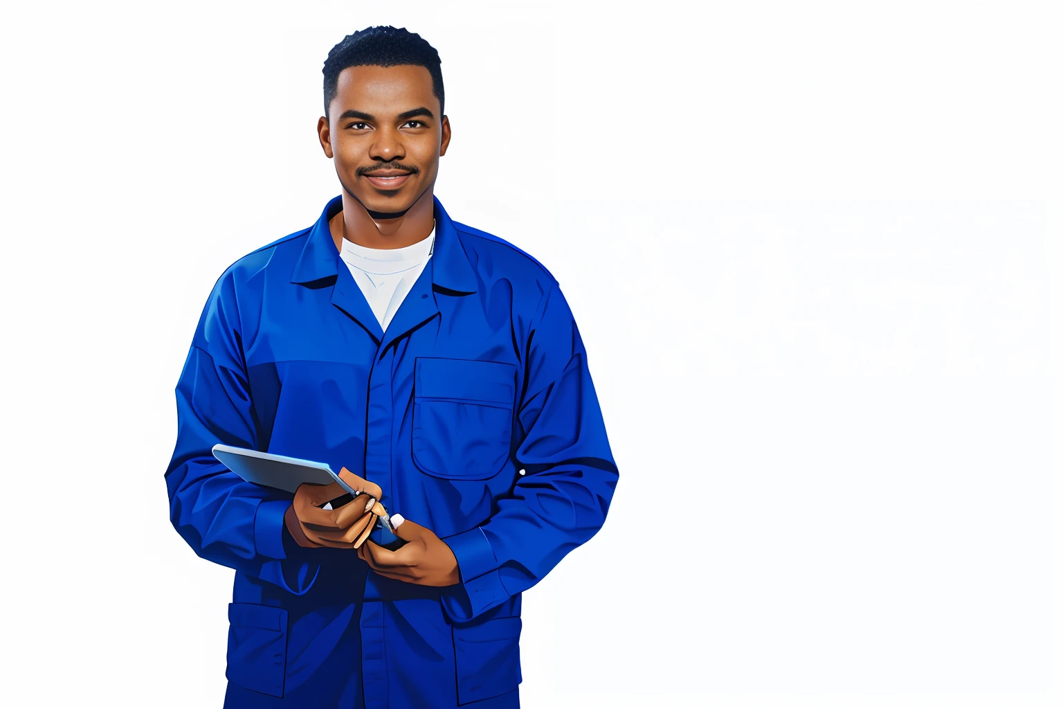 Heavy ink comic style, Melanin Dark skin Nigerian man in blue workwear holding a tablet computer, mechanic, old charismatic mechanic, on black background, on a dark background, mechanics, very professional, excited smile, advanced technology, engineer, advertising photo, photo portrait, center of image, edited, promo image, professional image, technology, portrait image, vibrant and powerful, holding a wrench, maintenance, advert
