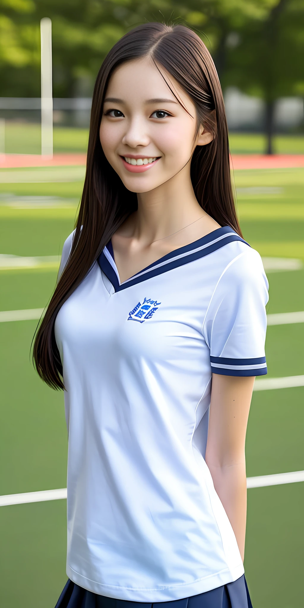 neat college girl, petite, (school uniform, summer clothes, short sleeves), outside the athletic field, (slim), photorealistic, detail, skin texture, ultra detail, delicate sexy collarbone, smile, super detailed face, detailed lips, detailed eyes, breast enhancement, waist thin