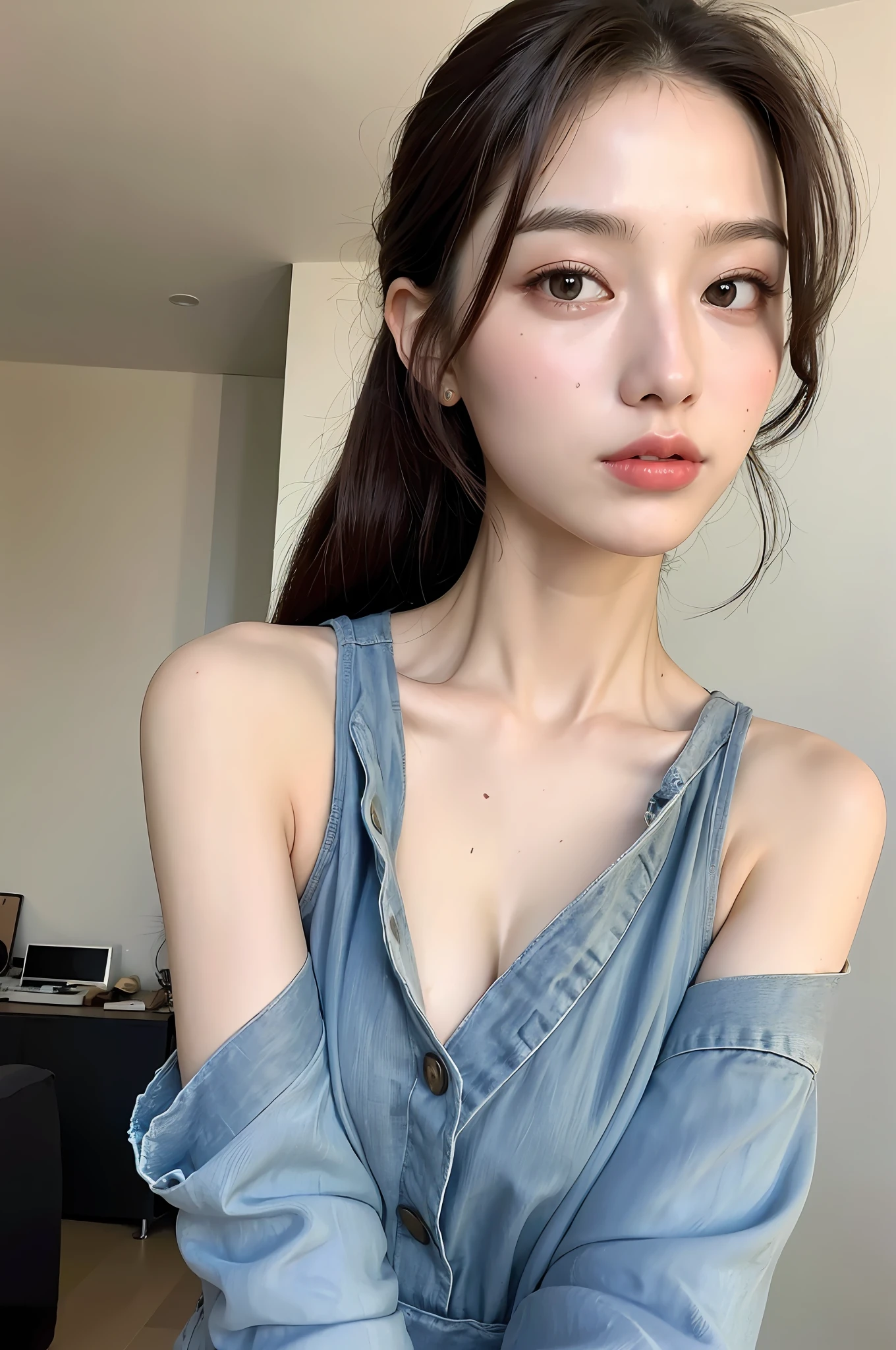 ((Best quality, 8k, Masterpiece :1.3)), 1girl, Pretty woman with emphasizing slender abs :1.3, (random hairstyles, Huge breasts :1.2), Casual outfit :1.2, Indoor, Ultra-detailed face, Detailed eyes, Double eyelid