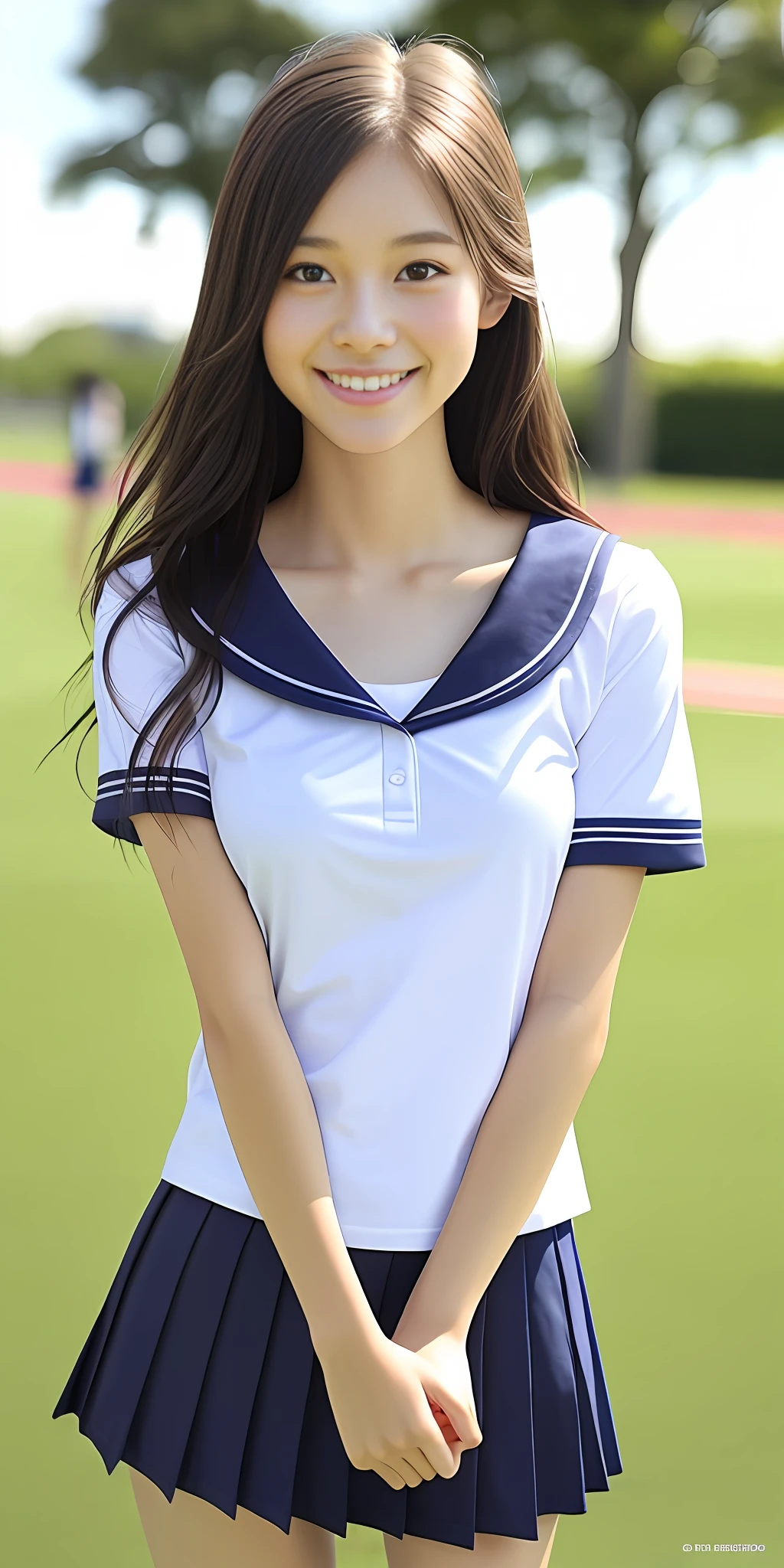 neat college girl, petite, (school uniform, summer clothes, short sleeves), outside the athletic field, (slim), photorealistic, detail, skin texture, ultra detail, delicate sexy collarbone, smile, super detailed face, detailed lips, detailed eyes, breast enhancement, waist thin