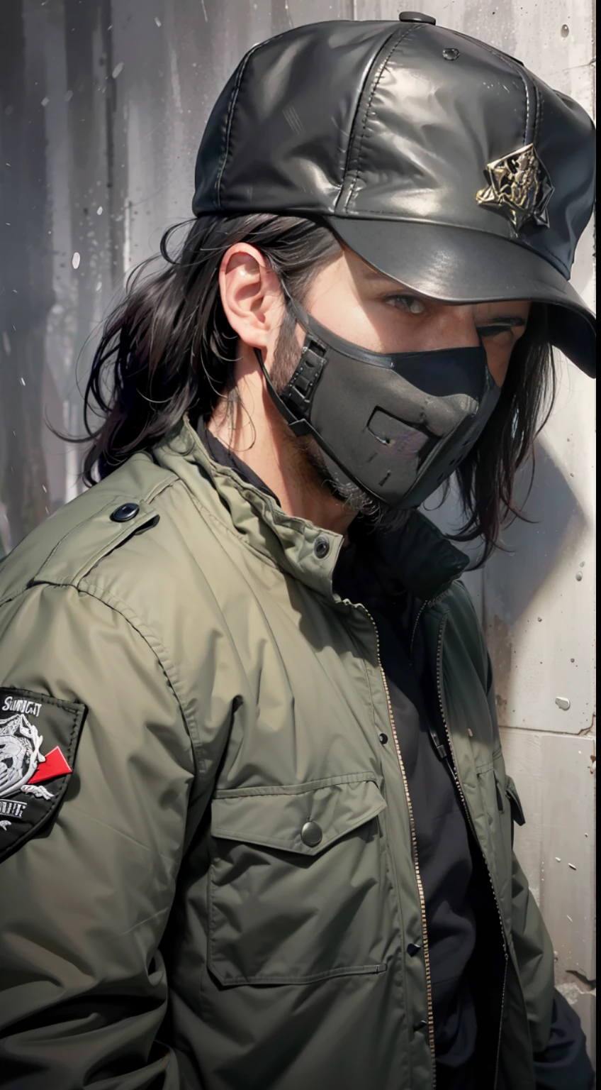 It was a man with a black mask, a black baseball cap, lots of pockets on his coat, a tactical belt with a holster and a dagger, and he was leaning against the wall, with a dense forest in the distance. Outstanding, masterful, combat, deep, layered, light-drenched. In the middle of the night.
