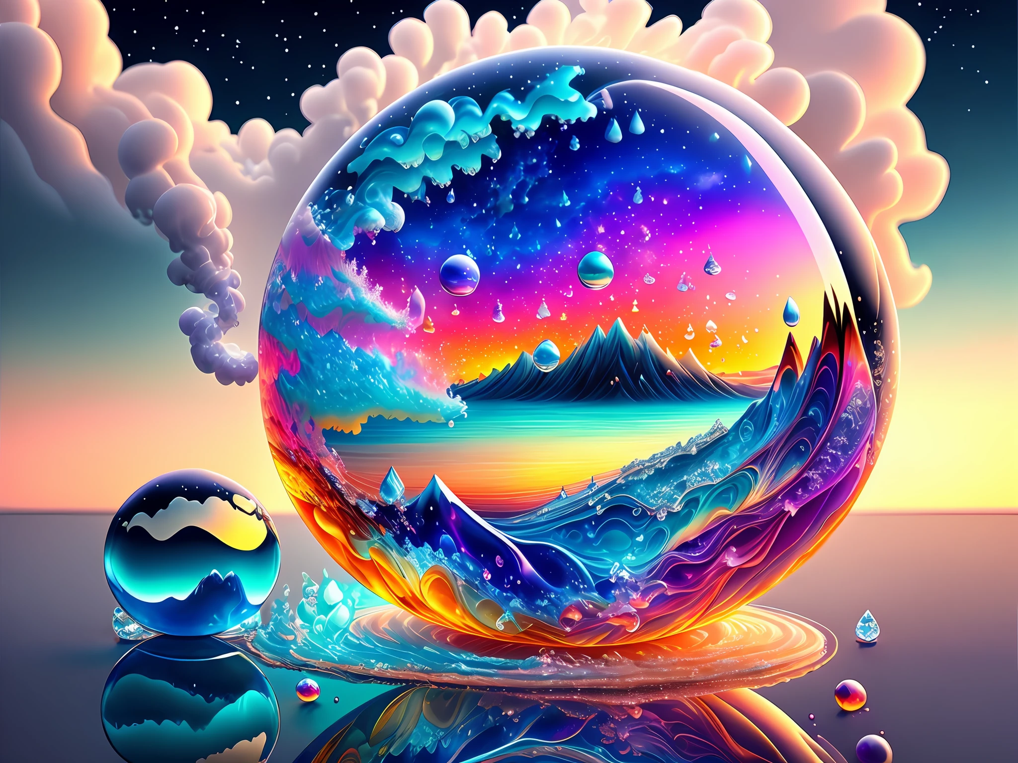 Beautiful, scenery, masterpiece, ball, Liquid, melting, vapor, smoke, colorful, dreamlike, fantasy, intricate ultra detailed, highly detailed, star,