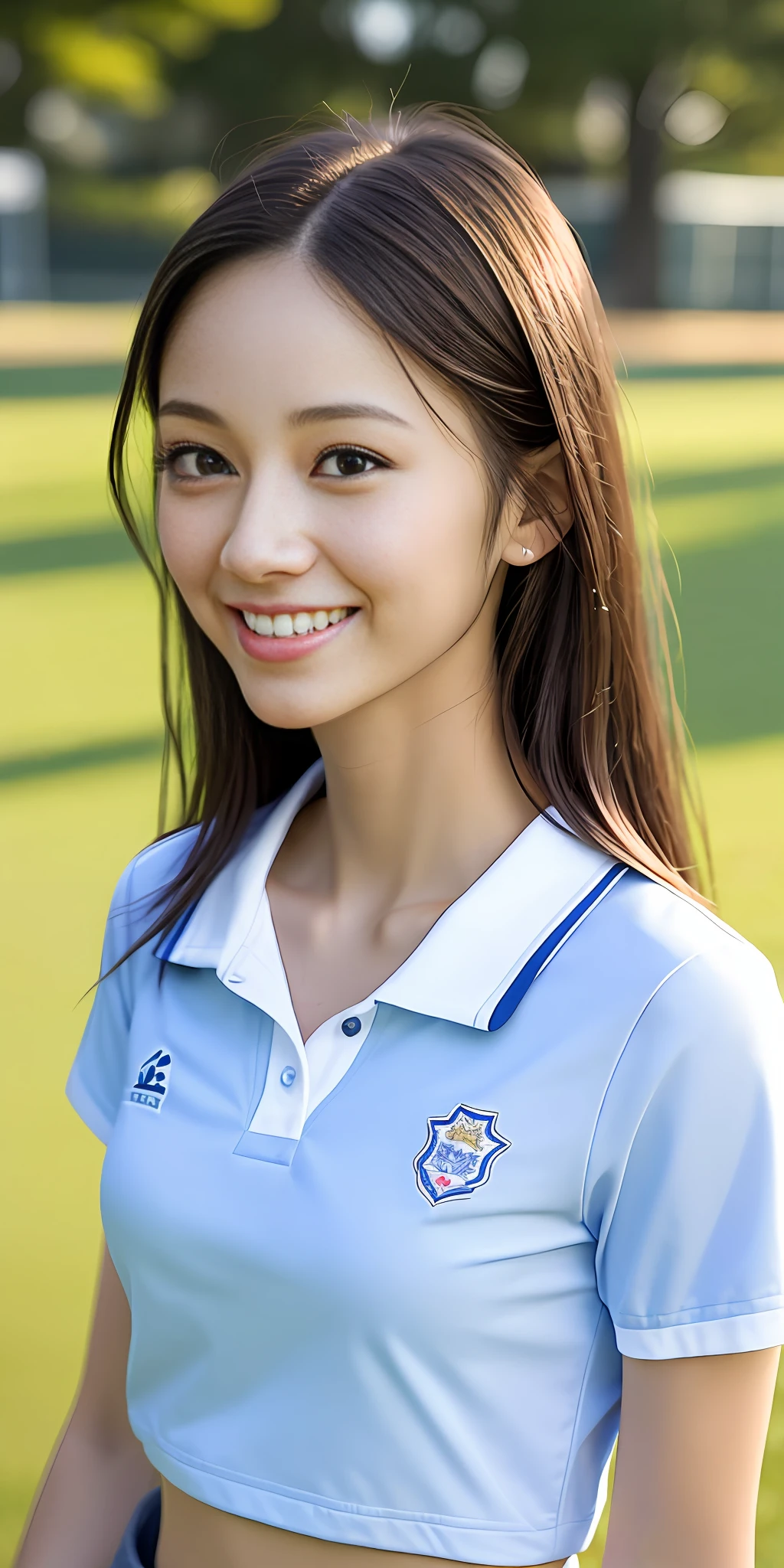 neat college girl, petite, (school uniform, summer clothes, short sleeves), outside the athletic field, (slim), photorealistic, detail, skin texture, ultra detail, delicate sexy collarbone, smile, super detailed face, detailed lips, detailed eyes, breast enhancement, waist thin