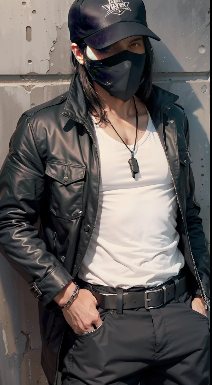 It was a man with a black mask, a black baseball cap, lots of pockets on his coat, a tactical belt with a holster and a dagger, and he was leaning against the wall, with a dense forest in the distance. Outstanding, masterful, combat, deep, layered, light-drenched. In the middle of the night.