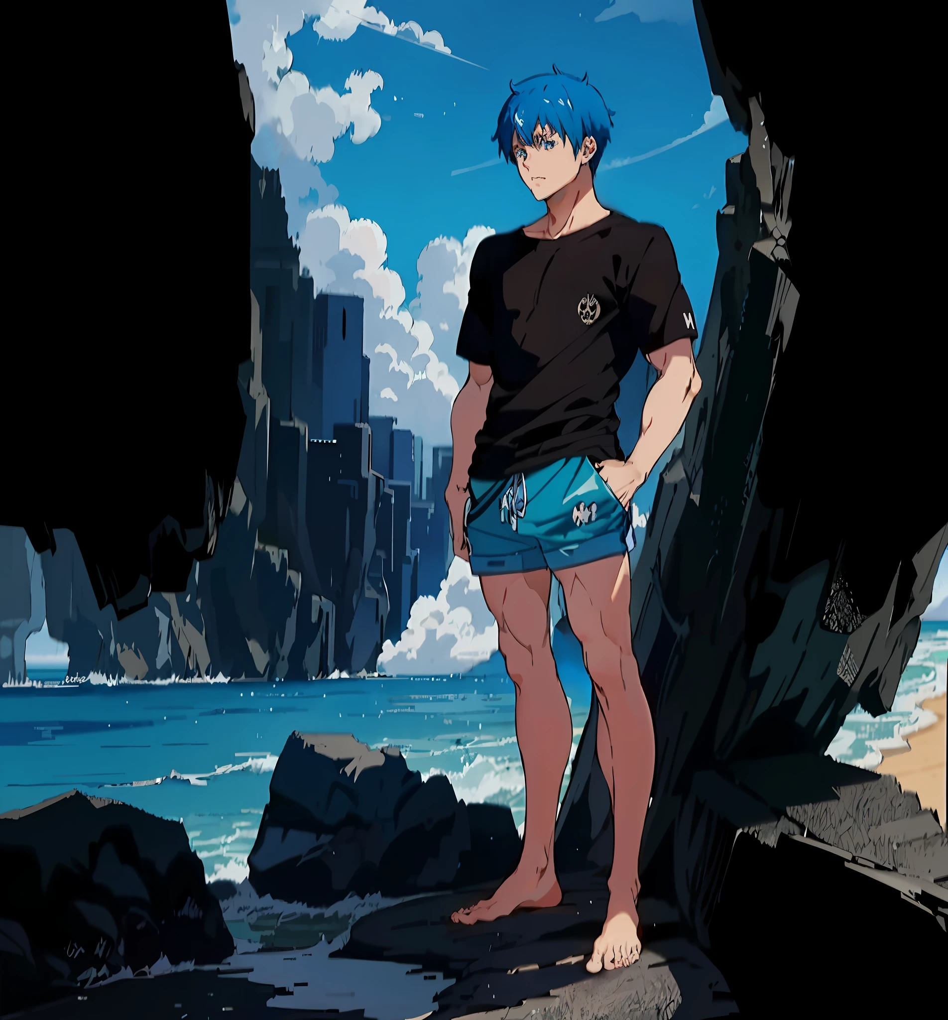 man anime with fulfilled blue hair and blue eyes standing on the beach, anime style 4k, anime blue water wallpaper, anime moe artstyle, anime wallpaper 4k, anime wallpaper 4k, anime wallpaper 4k, man for anime beautiful, anime art wallpaper 8 k, sky blue ((concept art, various poses, front,  side, back and profile, facial expression))