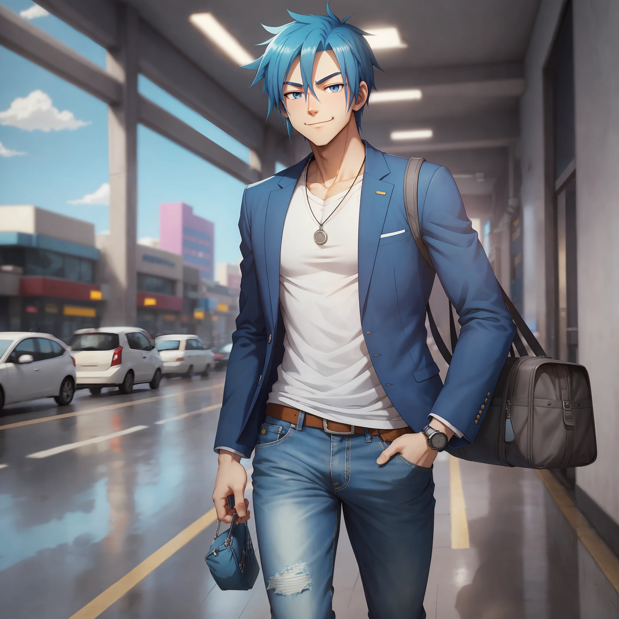 Animation of the young character smiling with anime style, blue hair, is wearing a blue shirt and blazer for a professional look. He wears jeans and a pair of sneakers, is holding a bag in one hand. Welcoming complete with a background and Professional Closing 8.0 in 3D. Collection 4D, n-6. No text. --auto --s2