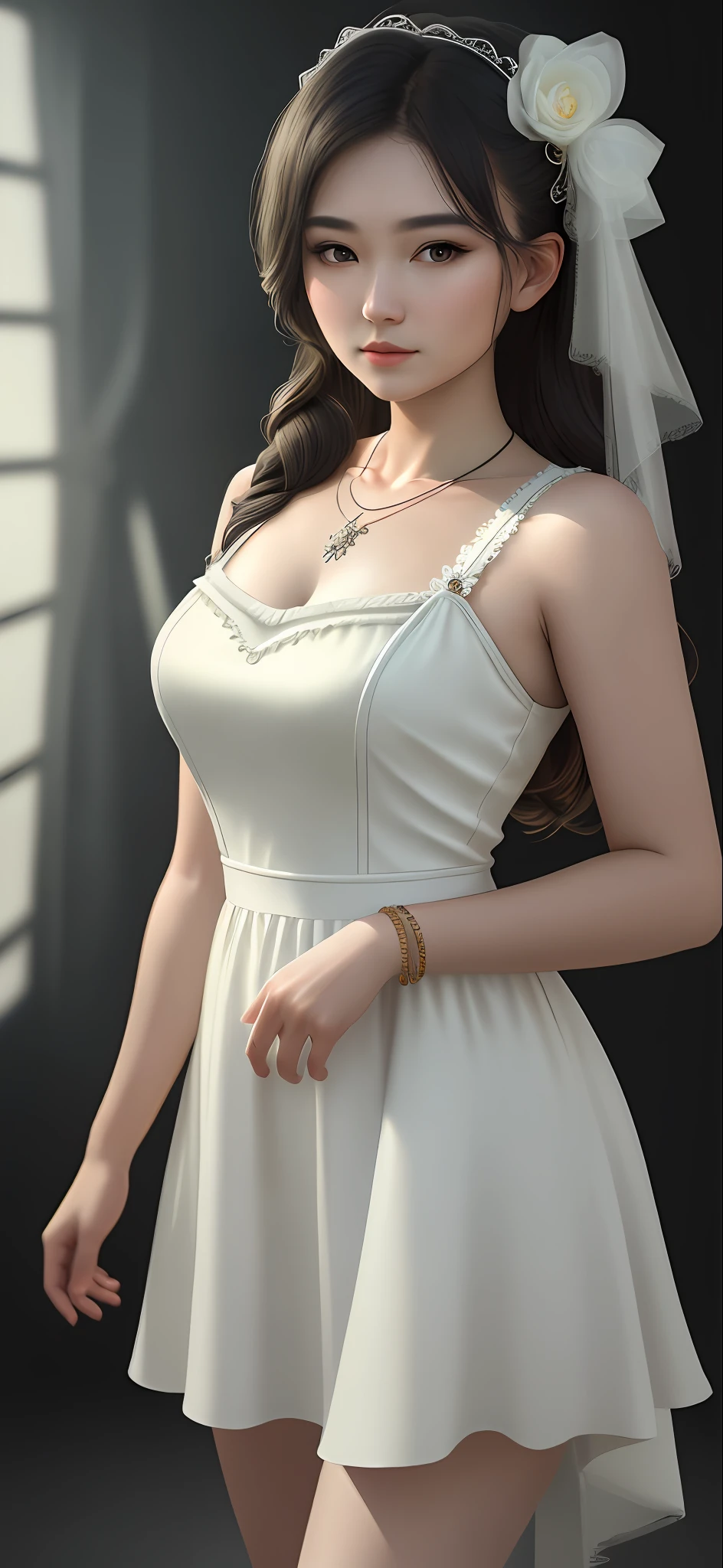 Best quality, masterpiece, high resolution, 1girl, porcelain dress, hair accessories, necklace, jewelry, beautiful face, on the body, Tyndall effect, realistic, dark studio, edge lighting, two-tone lighting, (high detail skin: 1.2), 8k UHD, dslr, soft light, high quality, volumetric light, candid, photo, high resolution, 4k, 8k, background blur,