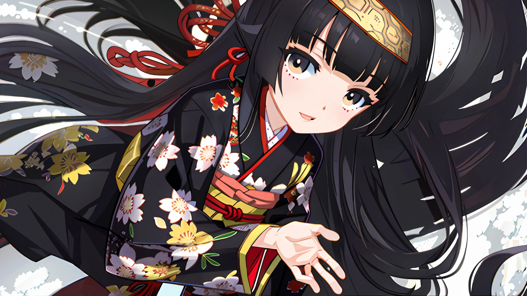 Long hair,black eyes,kimono,snowy mountain background