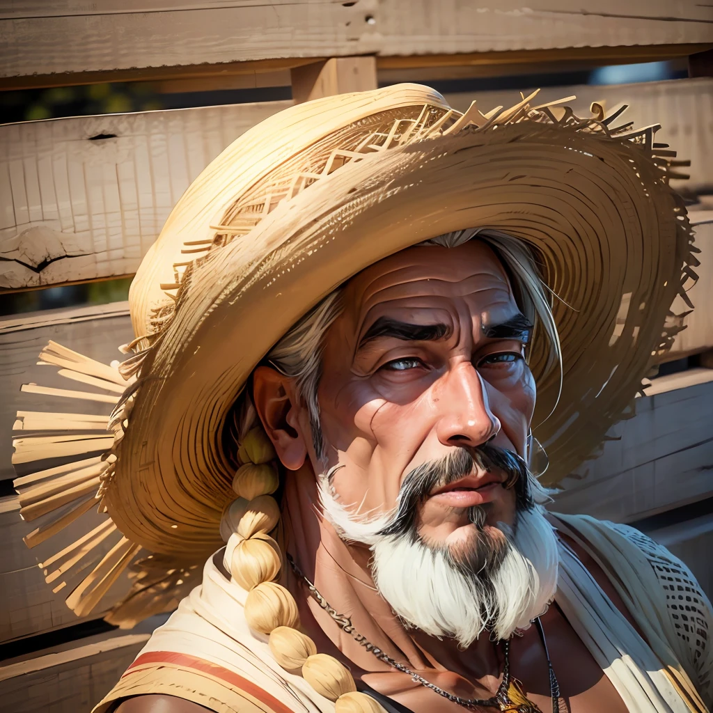 one man with goatee, wearing straw hat, 8k