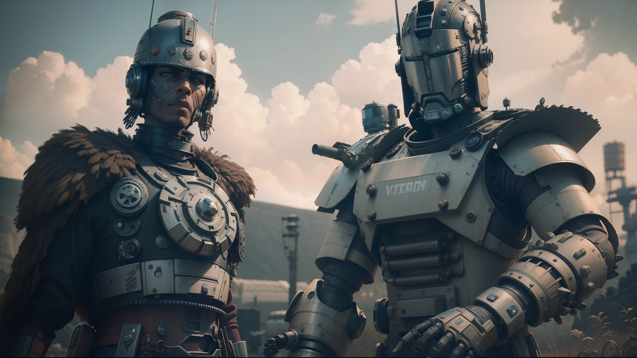 two robots are standing next to each other in a field, movie still of aztec cyborg, steampank style, yasuke 5 0 0 px models, still frame from a movie, comicpunk, armor made of bark, urban patrol, the jewelpunk aesthetic, british stopmotion, steelpunk, war boys