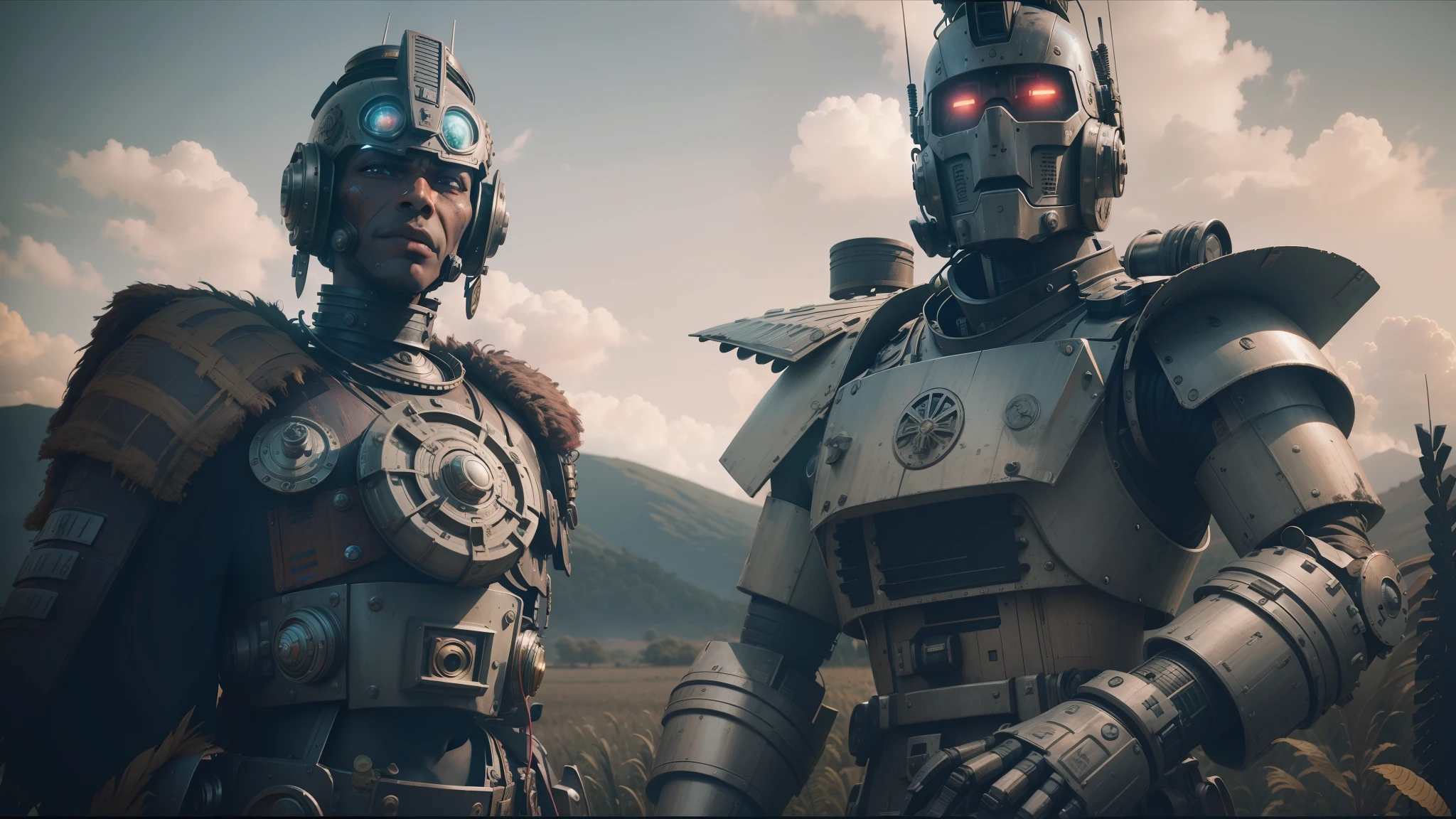 two robots are standing next to each other in a field, movie still of aztec cyborg, steampank style, yasuke 5 0 0 px models, still frame from a movie, comicpunk, armor made of bark, urban patrol, the jewelpunk aesthetic, british stopmotion, steelpunk, war boys