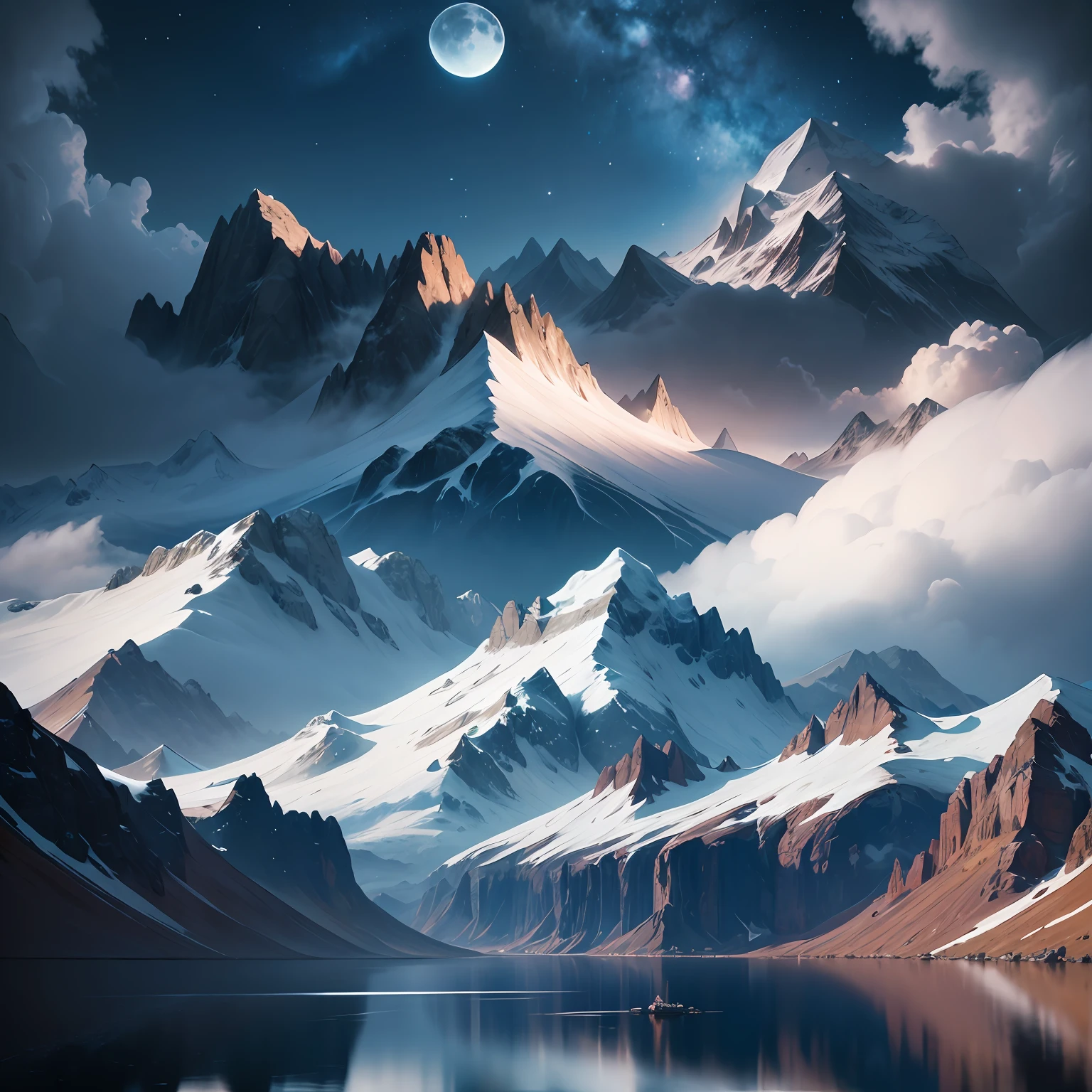 mountains and a lake with a moon in the sky, 4k highly detailed digital art, 4 k hd wallpaper very detailed, impressive fantasy landscape, sci-fi fantasy desktop wallpaper, unreal engine 4k wallpaper, 4k detailed digital art, sci-fi fantasy wallpaper, epic dreamlike fantasy landscape, 4k hd matte digital painting, 8k stunning artwork --auto --s2