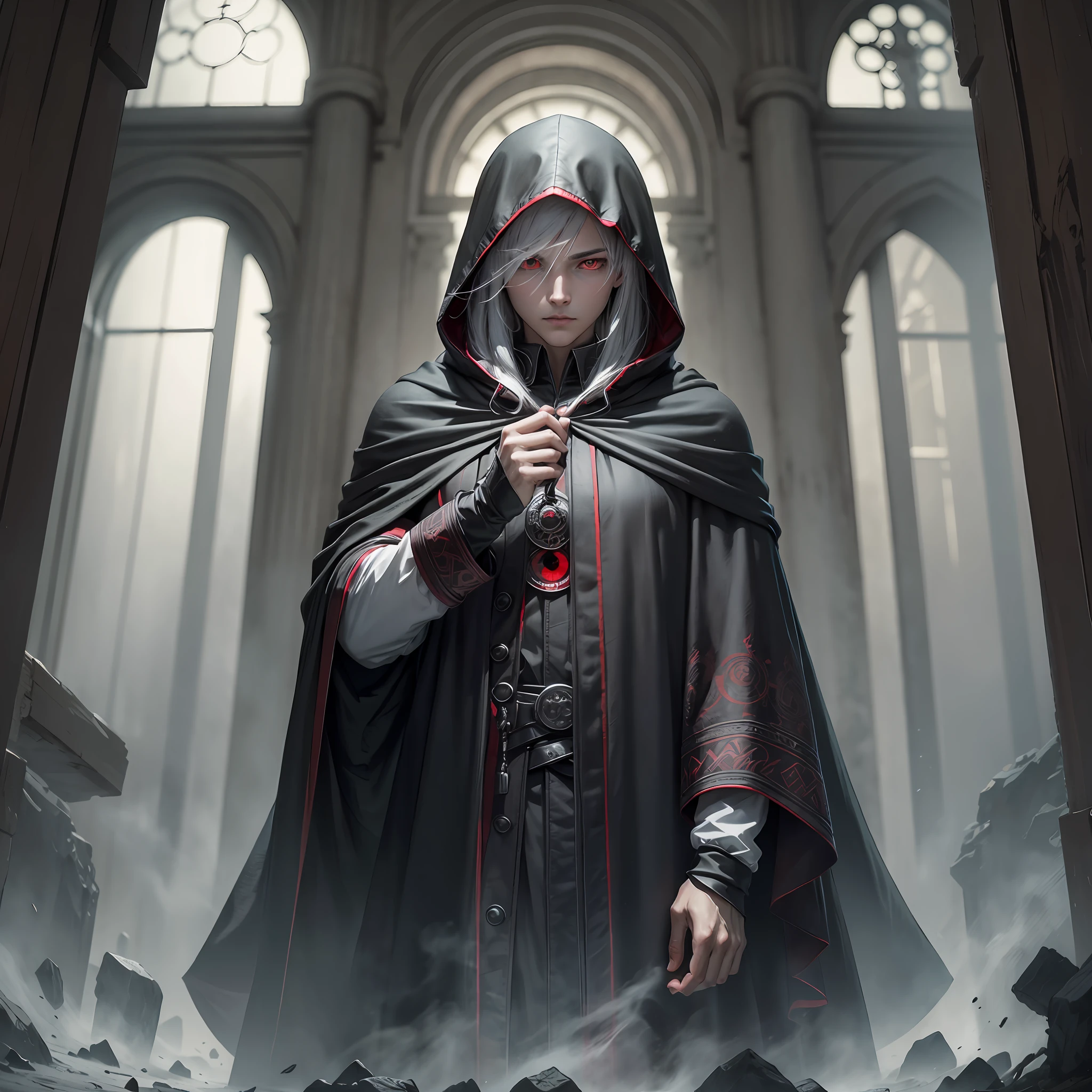 (Best Quality),(High Detail), Hard Eye Circle, Male(Red Eyes), Long Hooded Cloak, Dark, Haze, Dark Aura, Atmosphere, Obsession, Mystery --auto --s2