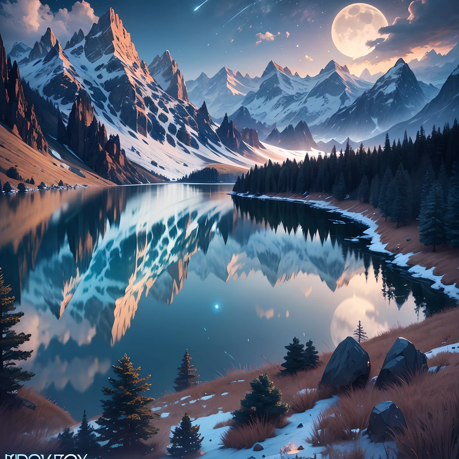 mountains and a lake with a moon in the sky, 4k highly detailed digital art, 4 k hd wallpaper very detailed, impressive fantasy landscape, sci-fi fantasy desktop wallpaper, unreal engine 4k wallpaper, 4k detailed digital art, sci-fi fantasy wallpaper, epic dreamlike fantasy landscape, 4k hd matte digital painting, 8k stunning artwork --auto --s2