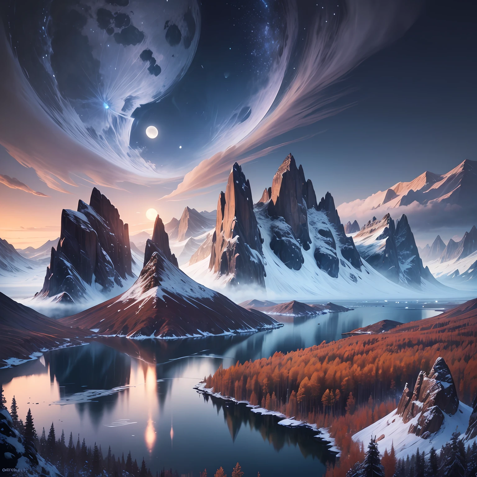 mountains and a lake with a moon in the sky, 4k highly detailed digital art, 4 k hd wallpaper very detailed, impressive fantasy landscape, sci-fi fantasy desktop wallpaper, unreal engine 4k wallpaper, 4k detailed digital art, sci-fi fantasy wallpaper, epic dreamlike fantasy landscape, 4k hd matte digital painting, 8k stunning artwork --auto --s2