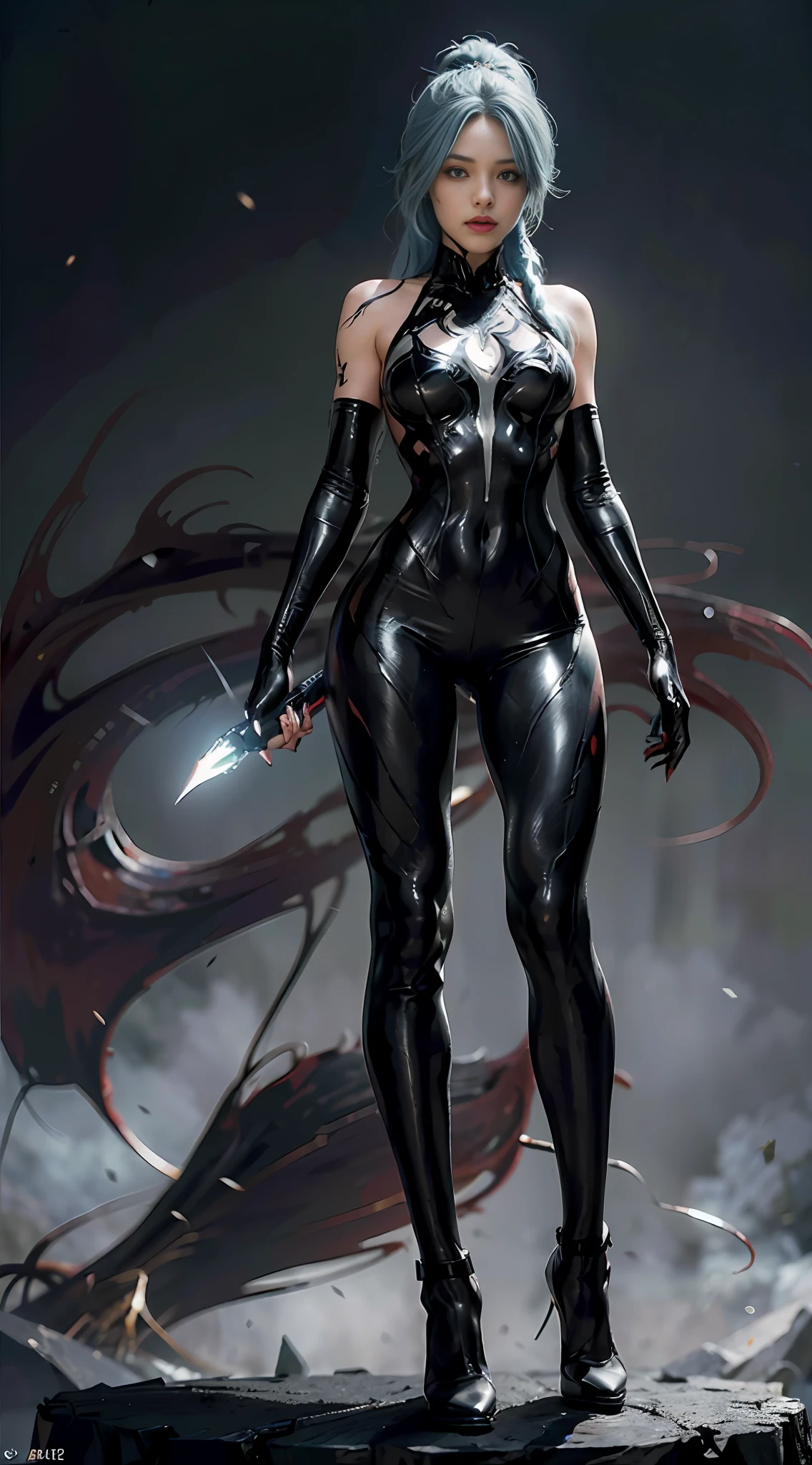 Symbiote, full body front view visible on feet: 1.5, headlights: 1.5, standing character: 1.2, highly creative illustration depicting a mixture of DC character Harley Quinn and Marvel character female venom, solid color background, beautiful face: 1.6, full body, fine slits, skinny legs, slender waist, camelto, highly detailed clothing, (extreme detail CG Unity 8K wallpaper, masterpiece, highest quality), (exquisite lighting and shadows, highly dramatic graphics, cinematic lens effects), symmetrical asymmetry, Heavy shadows, (((hyper-detail))), ((best quality))), ((masterpiece))), high resolution, 8K, anatomically correct, UHD, (excellent detail, excellent lighting, wide angle), (excellent rendering is enough to stand out in class), focus on Halle Quinn hair color and double ponytail style: 1.5, smoky makeup: 1.5, eyeshadow: 1.5, complex co-texture: 1.5 - not out of the frame