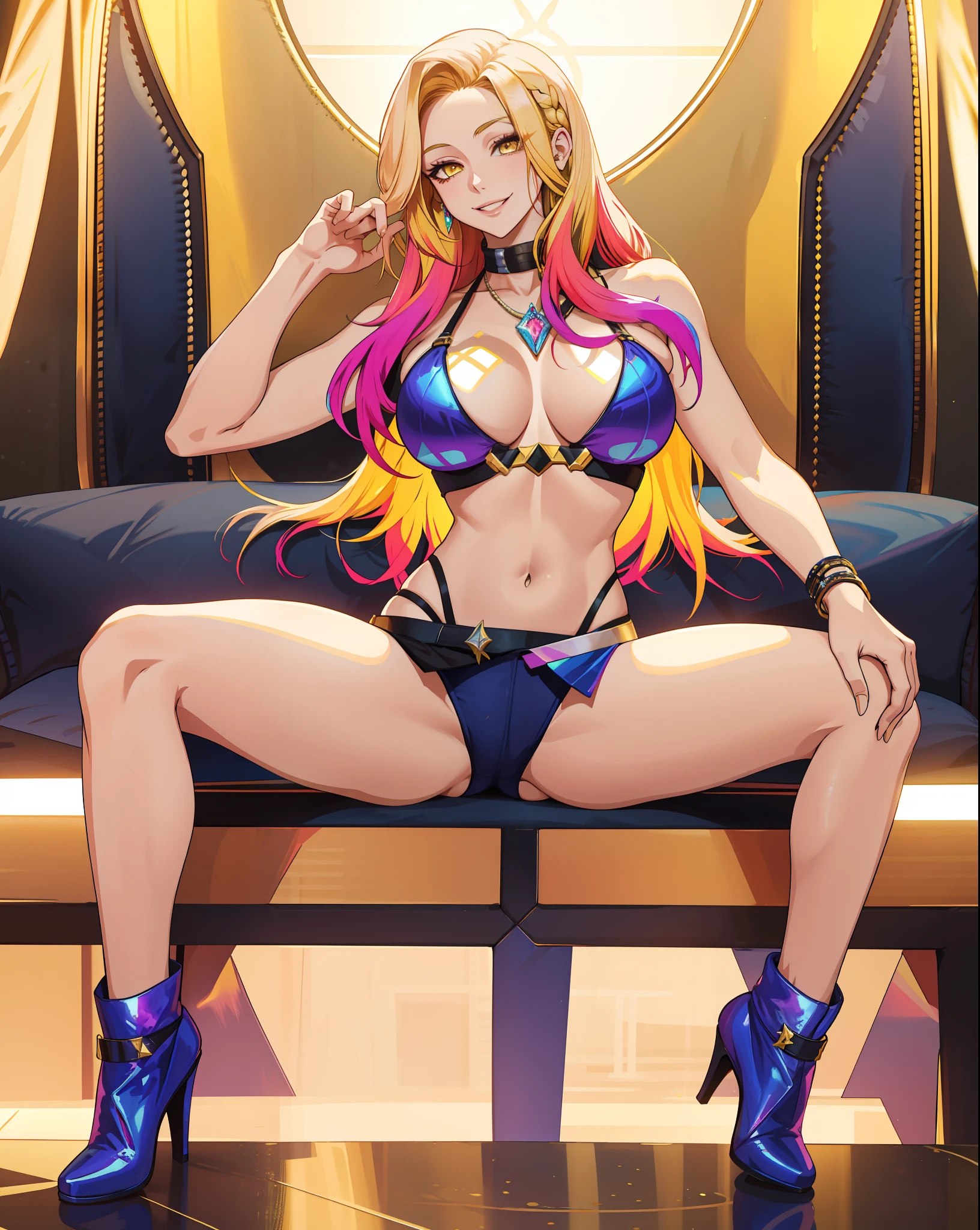 masterpiece, best quality, highres, Ahri1, 1girl, solo, blonde hair, k/da \(league of legends\), multicolored hair, yellow eyes, stylish hair, large breasts, busty body, micro bikini, smile, legs wide spread