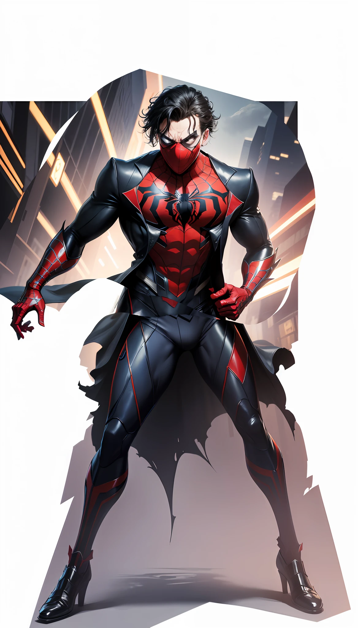 8k, realistic, charismatic, very detailed, Joker, Spider-Man, symbiote, superhero theme, full body, ray-traced images of Arthur Pan, trends on Artstation, digital art, red and cinematic lighting, dramatic shadows and beautiful vivid colors capture scenes. Romantic art style, suit, Spider-Man suit, Spider-Man logo, flat perspective, character standing painting, clown mask,