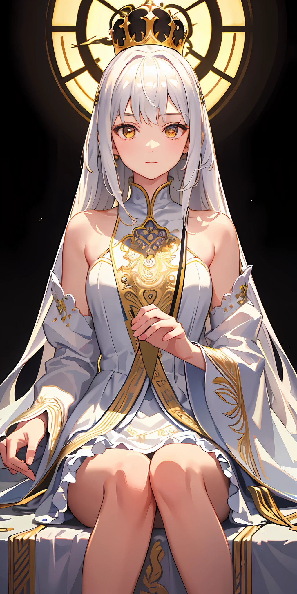 (Masterpiece:1.2), best quality, (illustration:1.2), (ultra-detailed), hyper details, (delicate detailed), (intricate details), (cinematic light, best quality Backlights), clear line, from below, soloist, perfect body, (1girl), white hair and yellow eyes, (emperor, black see-through clothes), (crown: 1.1), sitting on the throne, eyes slightly closed, head down, (shy: 1.2 ), (makeup), high contrast, (best illumination, an extremely create and beautiful), (cinematic light), colorful,