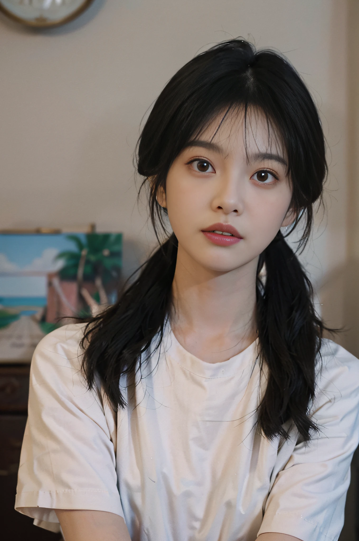 Temperament girl, delicate facial features, bangs, brown ponytail, messy hair, hair is very realistic, wearing a pink shirt with short sleeves, the background is a large painting, sea view, Du Qiong, exquisite makeup, light red lips, big eyes, double eyelids, black holes, bright eyes, symmetrical face, very real face, narrow waist, thighs, meticulously portraying the girl's face, blush, super high appearance, looking at the audience, very realistic skin, skin oil reflection, artwork, clothes with real fabric texture, realistic painting , cinematic style, photography level, ray tracing, realistic light and shadow effects, realism, masterpiece, like the top photography effect, 8K