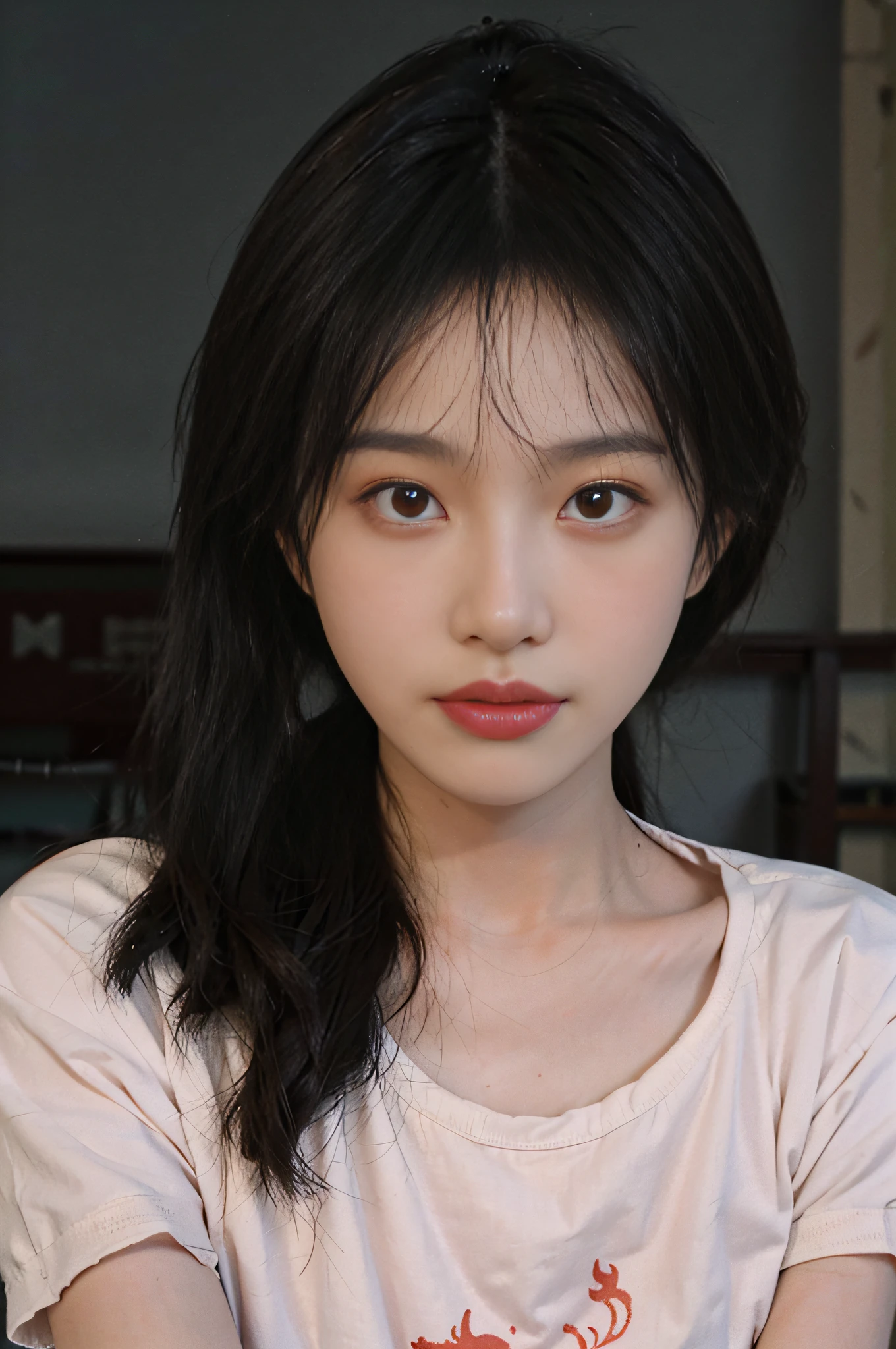 Temperament girl, delicate facial features, bangs, brown ponytail, messy hair, hair is very realistic, wearing a pink shirt with short sleeves, the background is a large painting, sea view, Du Qiong, exquisite makeup, light red lips, big eyes, double eyelids, black holes, bright eyes, symmetrical face, very real face, narrow waist, thighs, meticulously portraying the girl's face, blush, super high appearance, looking at the audience, very realistic skin, skin oil reflection, artwork, clothes with real fabric texture, realistic painting , cinematic style, photography level, ray tracing, realistic light and shadow effects, realism, masterpiece, like the top photography effect, 8K