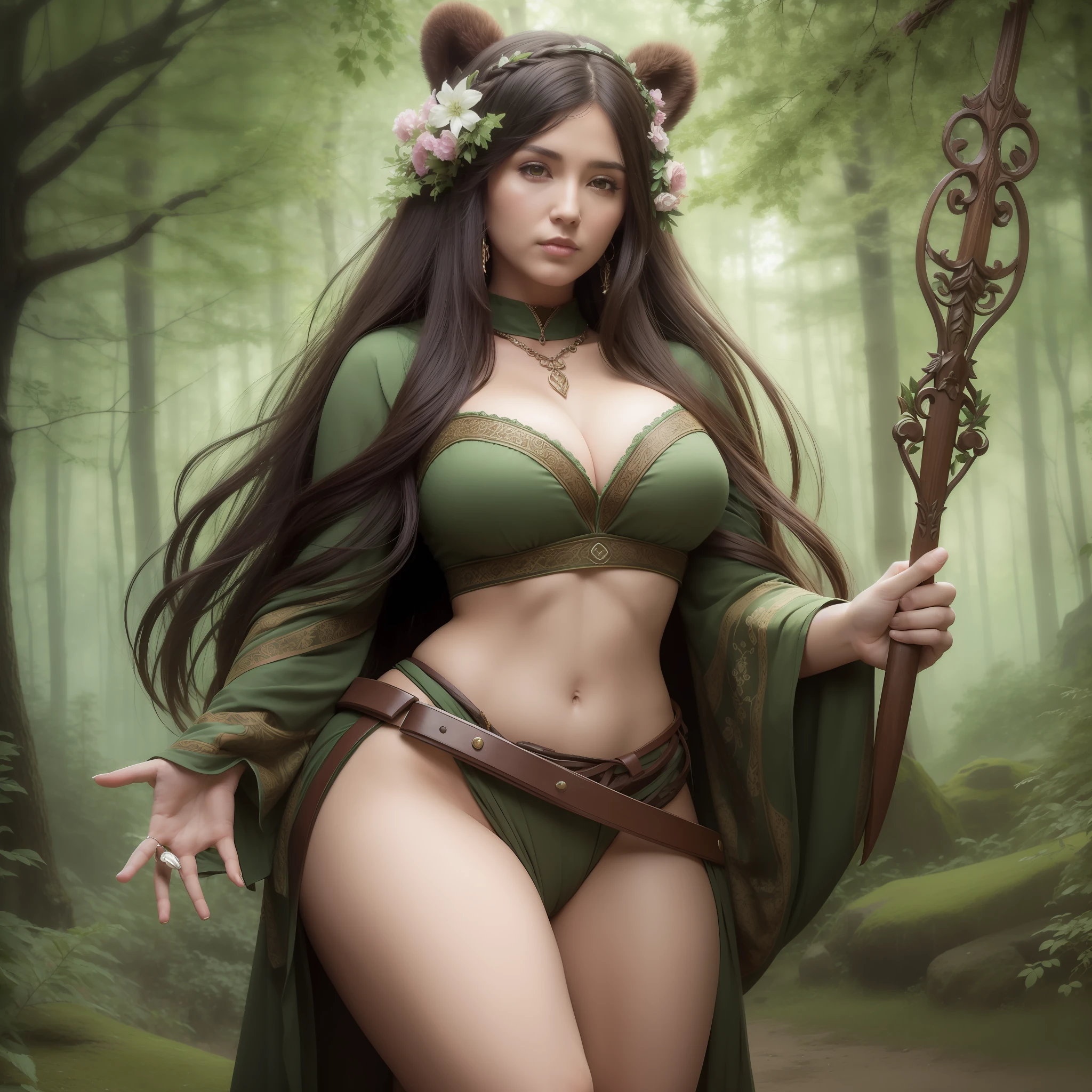A druid woman with a large bear protecting her would be characterized by her deep connection to nature and animals. She would have long, dark hair, braided with ribbons or adorned with flowers and greenery. Your face would be smooth and serene, with deep, piercing eyes that reflect your wisdom and spiritual connection. She could wear woolen or linen clothing in natural tones such as green and brown with fur and leather accents. She could be adorned with jewelry made from natural stones such as tourmaline, agate, and aventurine.
The Druid woman could be holding a staff or a holly branch, symbols of her authority and connection to nature. She would have an upright and graceful posture, demonstrating a strong and confident presence.
The big bear protecting her would be a symbol of her courage and strength. He would be huge and powerful, with a thick, glossy, dark brown coat. He would have a calm and protective expression, showing the trust he has in his guardian. The druid woman and the great bear could be in a forest clearing, surrounded by trees and plants. Sunlight may be filtering through the leaves, creating a play of light and shadow that frames the scene.
In summary, the Druid woman with a large bear protecting her would be an impressive and powerful image, showing the beauty and strength of the connection between human beings and nature. The image would be a combination of natural beauty, ancient wisdom and animal power, showing the strength and grace of the druid woman and the majesty of the great bear.