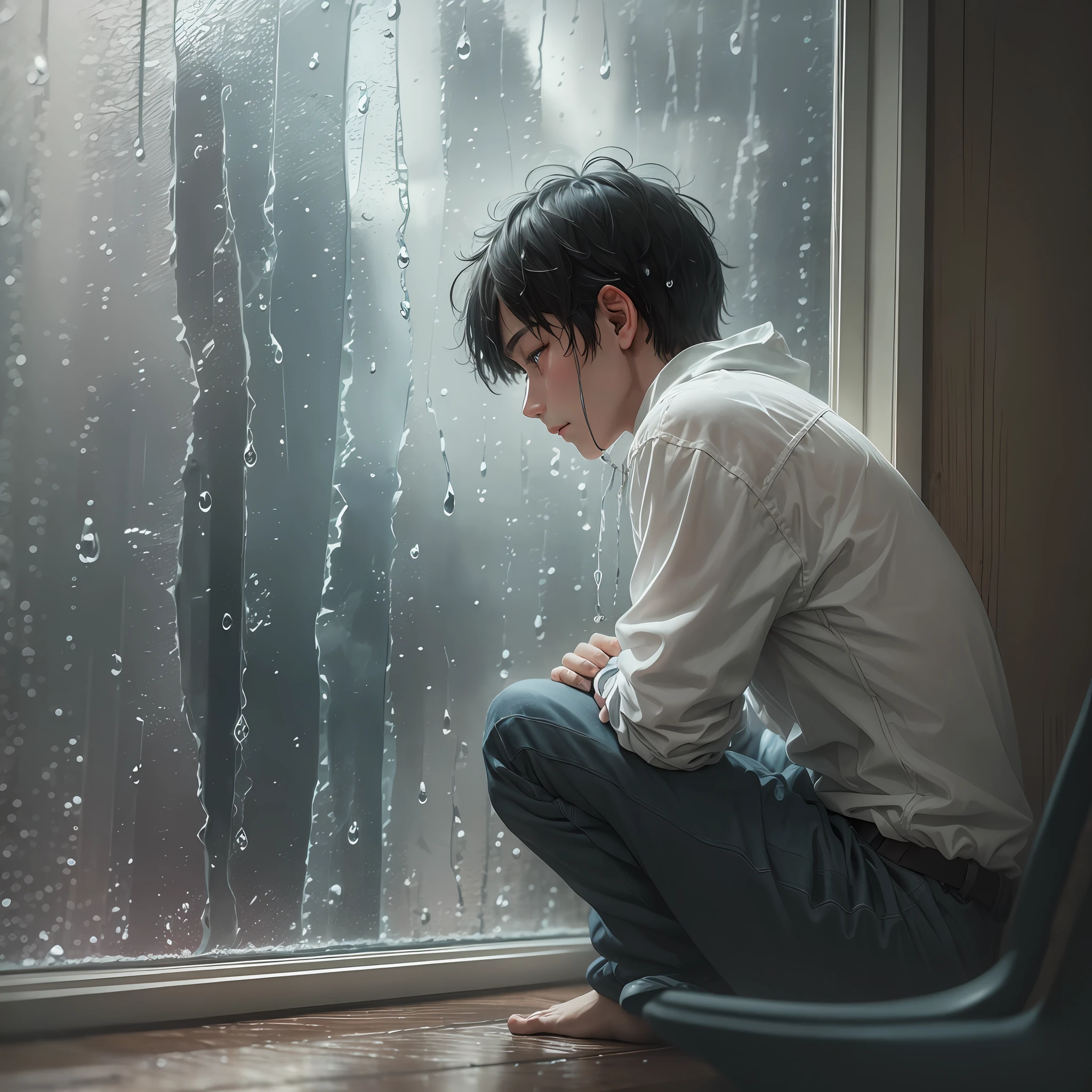 On a rainy day, a depressed person sat in front of the window, looking at the rain outside, with a heavy heart. His eyes were full of tiredness and helplessness, and he seemed unable to see the beauty and hope in life --auto --s2