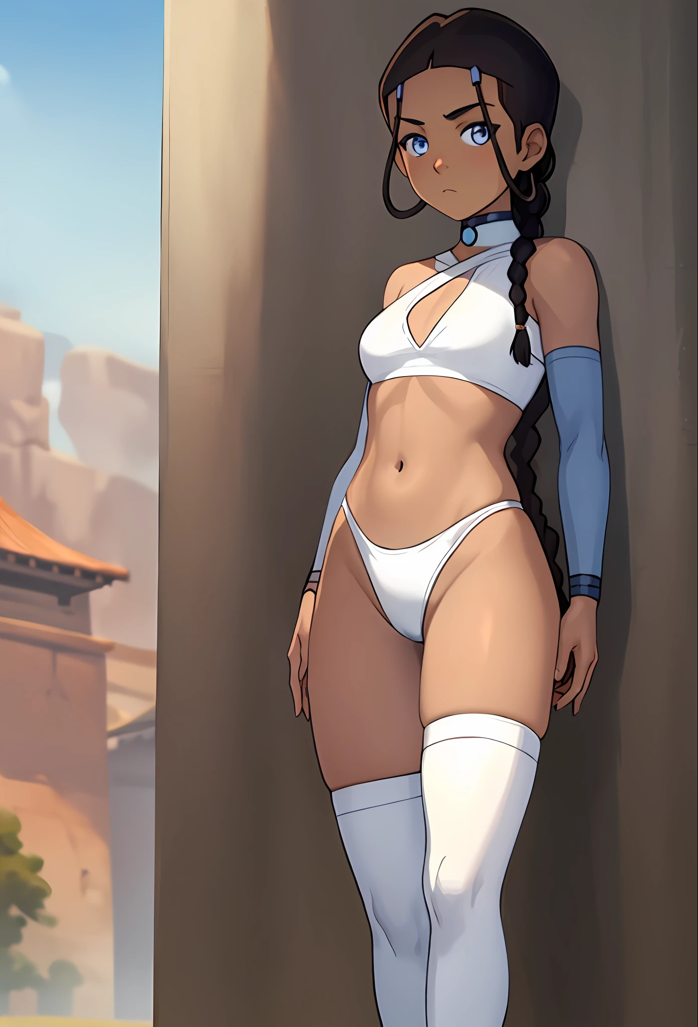 masterpiece, best quality, 1girl, katara, toned, dark skin, braid, jewelry, looking at viewer, tiny white thin bikini top, thin white wet thong, long legs, thigh high socks, sunshine, no panties, blue eyes, exposed underwear