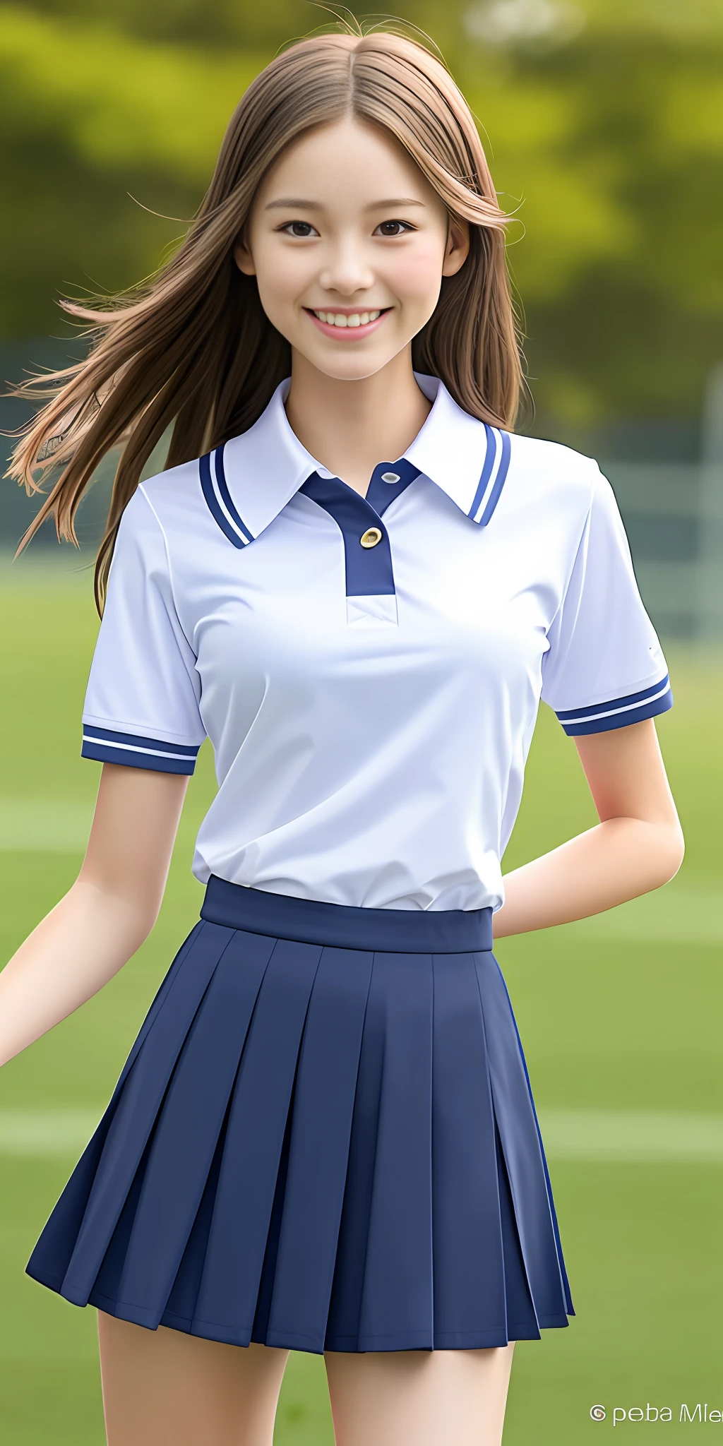 neat college girl, petite, (school uniform, summer clothes, short sleeves), outside the athletic field, (slim), photorealistic, detail, skin texture, ultra detail, delicate sexy collarbone, smile, super detailed face, detailed lips, detailed eyes, breast enhancement, waist thin