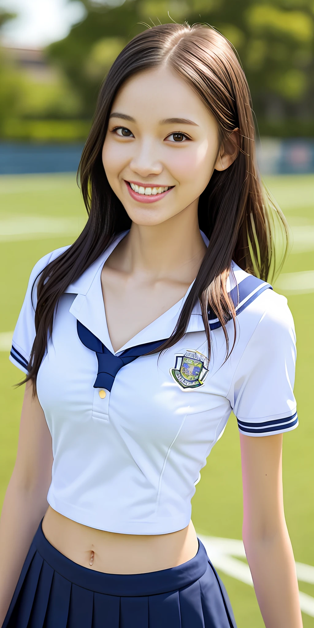 neat college girl, petite, (school uniform, summer clothes, short sleeves), outside the athletic field, (slim), photorealistic, detail, skin texture, ultra detail, delicate sexy collarbone, smile, super detailed face, detailed lips, detailed eyes, breast enhancement, waist thin