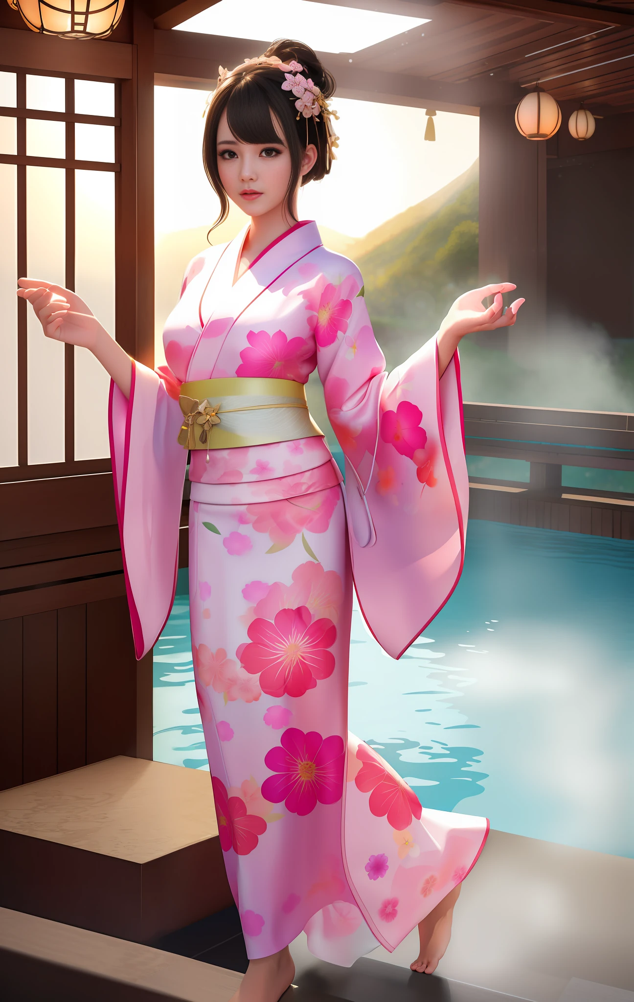Top quality, masterpiece, high resolution, one girl, cherry blossom pattern yukata costume on white background, hair accessories, posture showing skin while putting feet in hot spring, footbath scenery, beautiful face, physical, tyndall effect, realistic, dark studio, rim lighting, duotone lighting, (high detail skin: 1.2), 8k uhd, DSLR, soft light, high quality, volumetric light, sneak shots, photos, high resolution, 4k, 8k, bokeh, upper body only, overhead view, back skin looks beautiful, shibari 1.2, clean skin, bare feet, cleavage emphasis, chillerism.