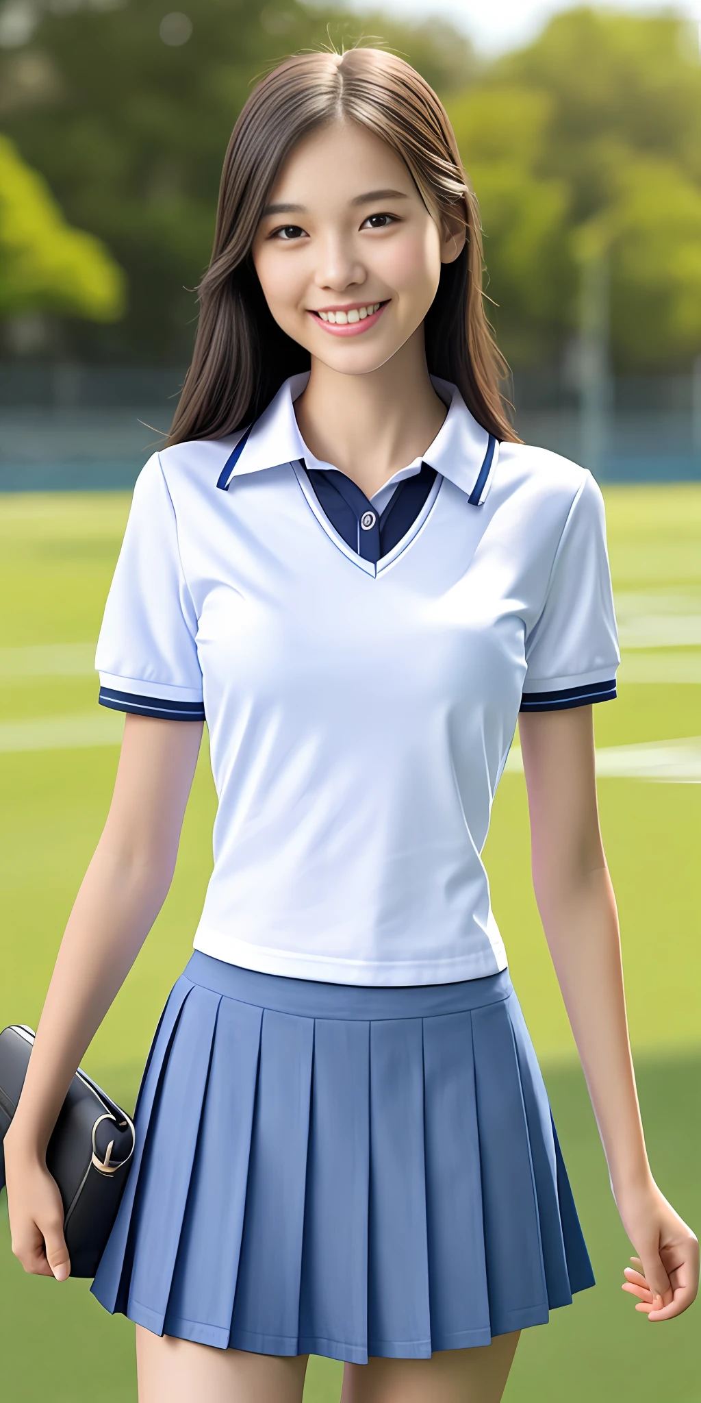 neat college girl, petite, (school uniform, summer clothes, short sleeves), outside the athletic field, (slim), photorealistic, detail, skin texture, ultra detail, delicate sexy collarbone, smile, super detailed face, detailed lips, detailed eyes, breast enhancement, waist thin