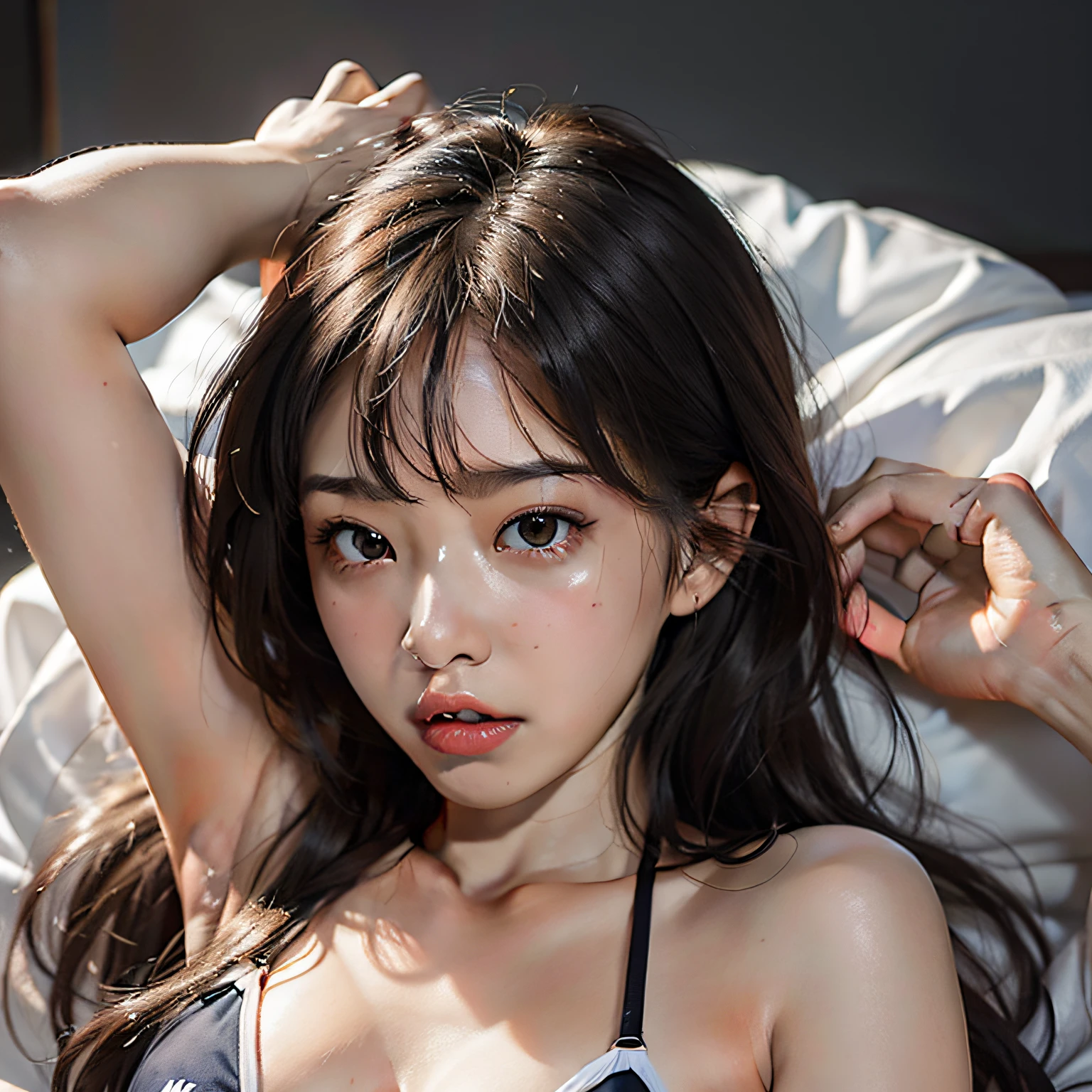 Close eyes, woman, young, chest, lying down, screaming, little bikini, bed, sad expression, hands on head, bangs, pleasant face, showing aside, thighs, full body