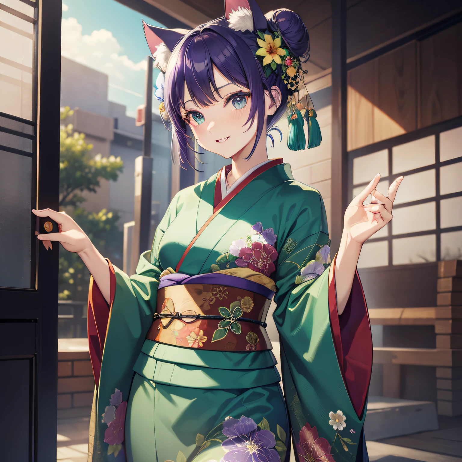 masterpiece, high resolution, high quality, green kimono, floral pattern, small breasts, cat ears, light blue eyes, purple hair, bun,