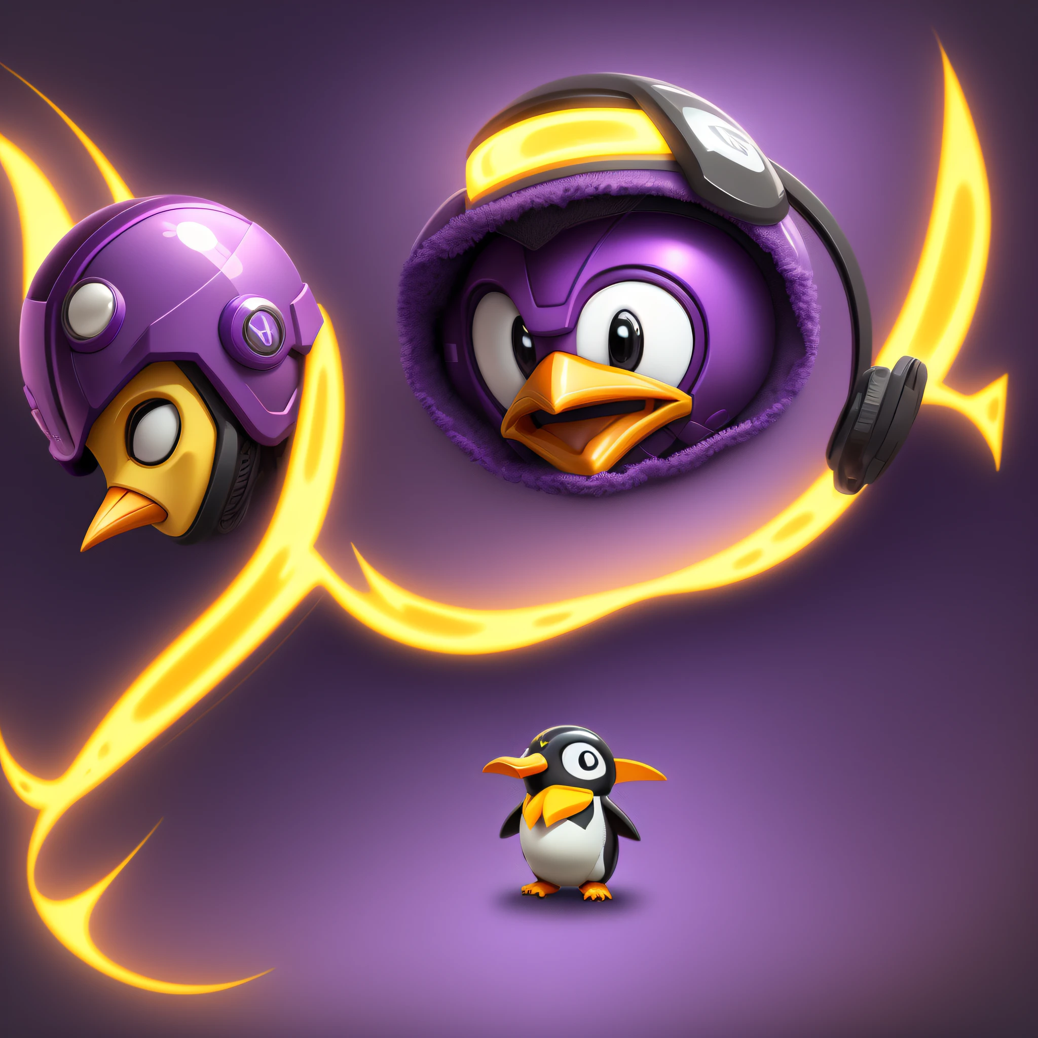 The logo has a vibrant purple background that makes it stand out. In the center of the logo is a stylized penguin wearing a yellow helmet. The helmet has two points facing upwards, adding a distinctive element. The penguin's body is predominantly purple, and its eyes are purple as well, creating a contrast with the rest of its body.