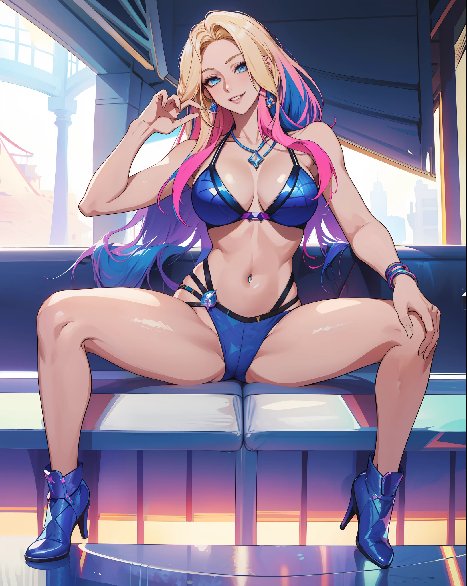 masterpiece, best quality, highres, ahri1, 1girl, solo, Blonde hair, k/da \(league of legends\), long hair, multicolored hair, open hair, blue eyes, two-tone hair, large breasts, poolside, micro bikini, smile, sitting, spreading legs wide