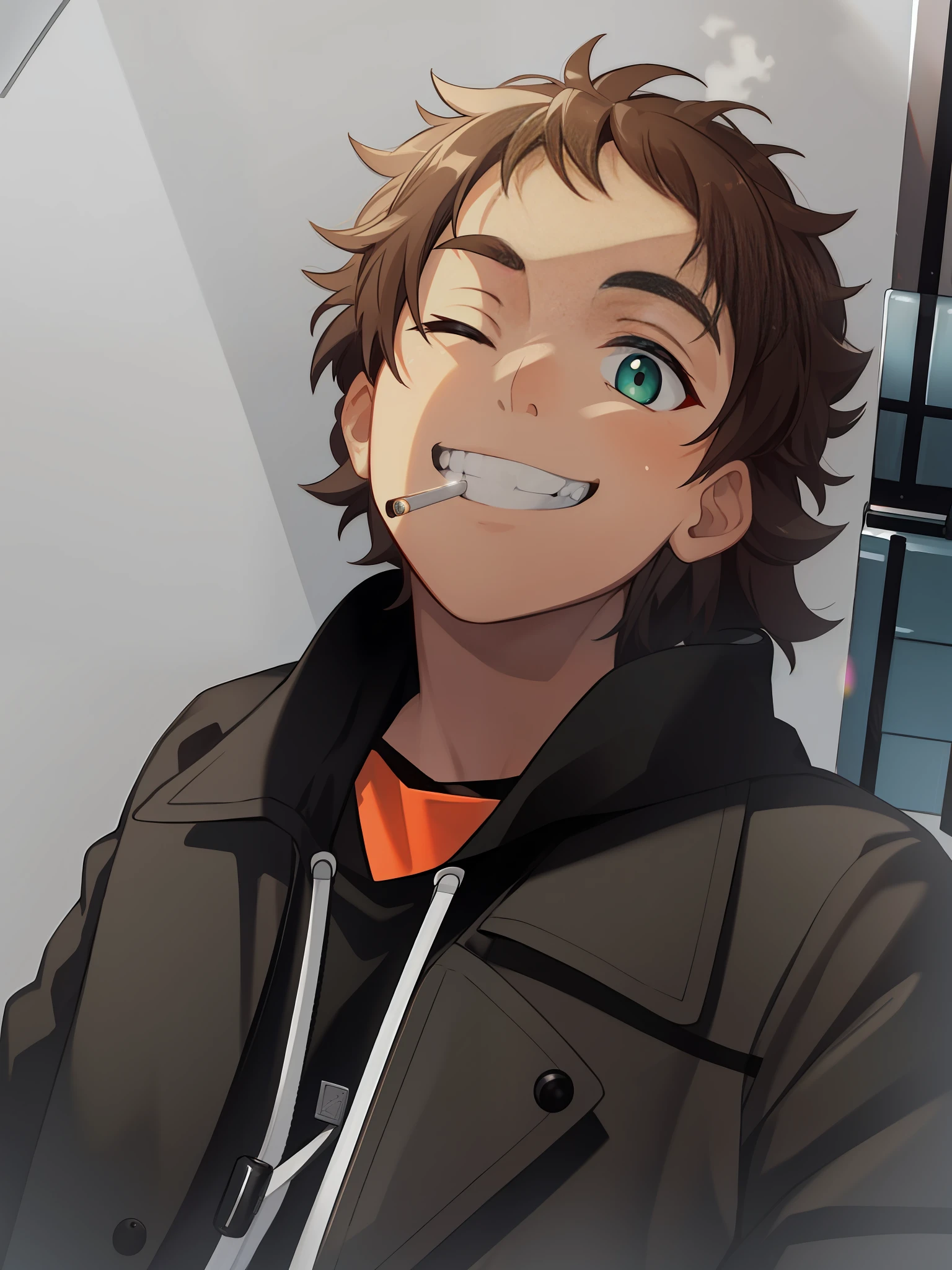masterpiece, best quality,CG,ultra detailed,high saturation,(cinematic lighting:0.4),Ray tracing,(lens flare:0.5),beautiful detailed glow,reflected light,dynamic angle,1boy,tianmanguang,solo, looking at viewer, smile, 1boy, brown hair, one eye closed, smile, solo, balloon, green eyes, cigrette in mouth, looking at viewer, grin, pointing at self, sitting, male focus, shoes,pants, hood, hoodie, black gloves, wristband, sneakers, graffiti, black jacket, cigarette in teeth