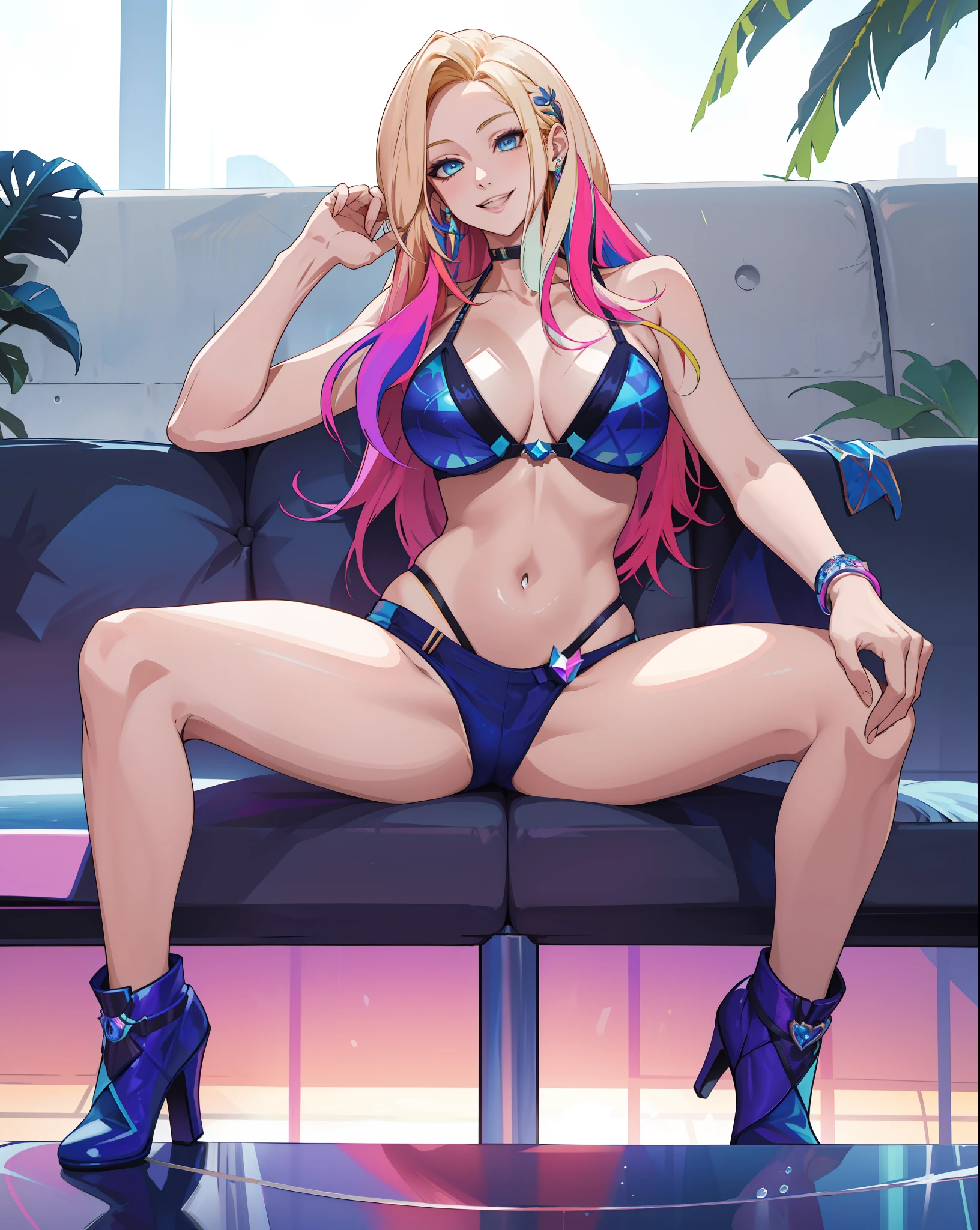 masterpiece, best quality, highres, ahri1, 1girl, solo, Blonde hair, k/da \(league of legends\), long hair, multicolored hair, open hair, blue eyes, two-tone hair, large breasts, poolside, micro bikini, smile, sitting, spreading legs wide