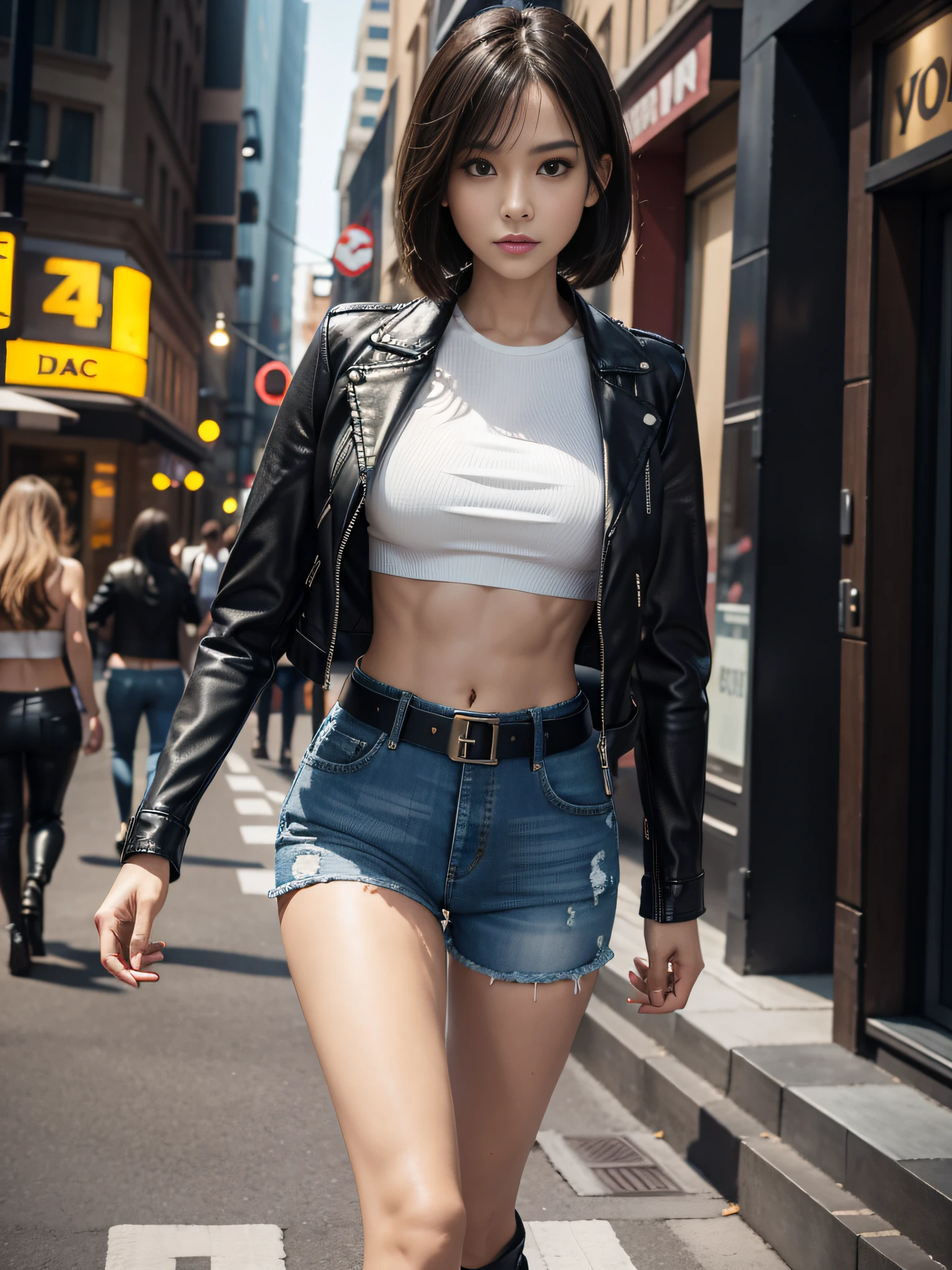 (front focus), (in the dark: 1.6), photorealism, dynamic lighting, volumetric lighting, very detailed faces, 4 k, detailed, highest quality, award-winning, street, street background, sunny, daytime, sunny, sunny, 1girl, low key, cowboy shot, (official uniform: 1.4), short hair, black hair, oblique bangs, bobo head, f-cups, cleavage, beautiful breasts, slim figure, slim body, slim, biker leather jacket, skinny denim shorts, hot pants, Shorts, belt, crop top, open waist, few abs, white lining, boots, leather boots