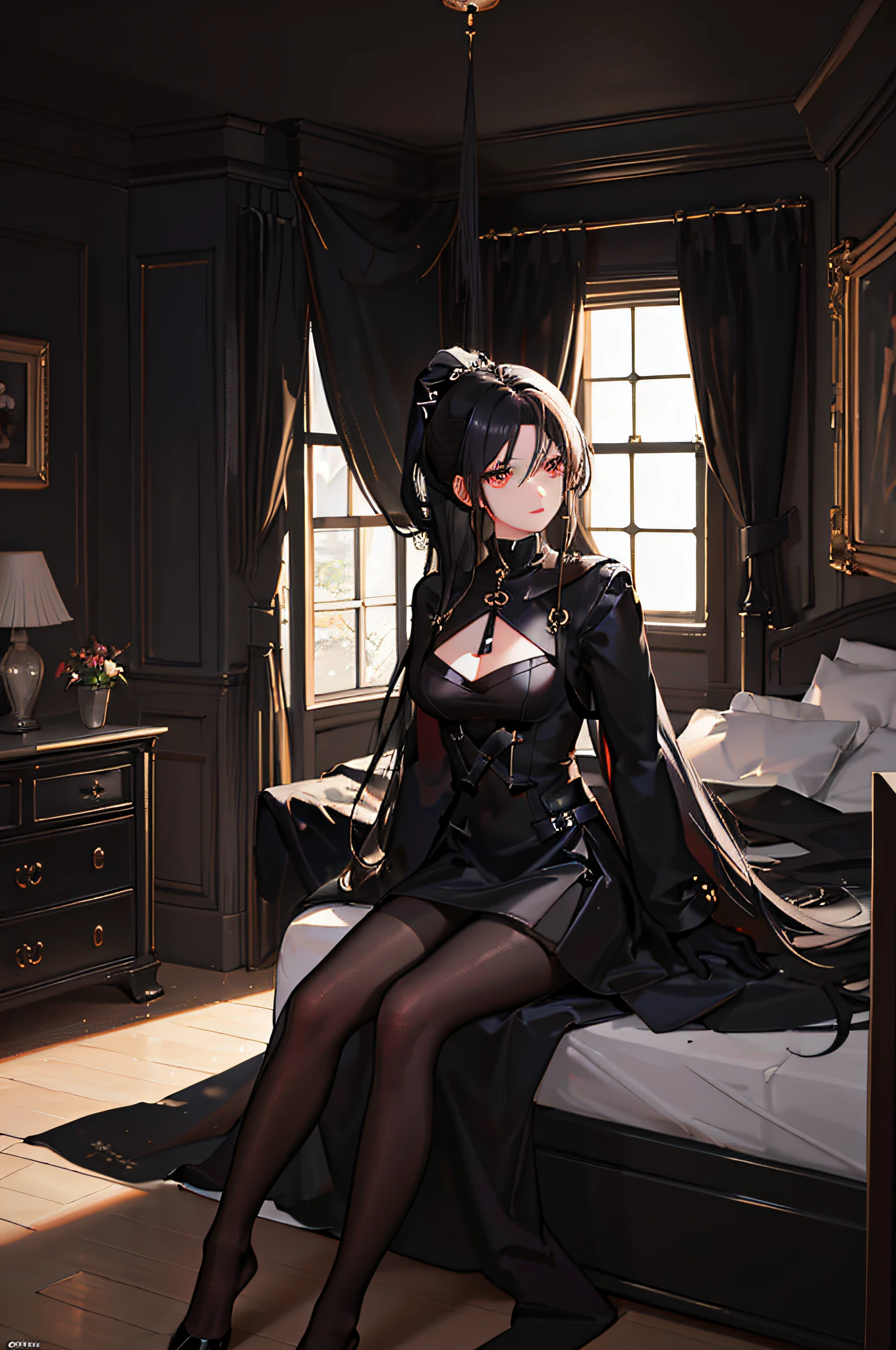 (((1 girl)),ray tracing,(dim lighting),[detailed background (bedroom)),((black hair)),((black hair)),(black hair, busty and slender girl)) with high ponytail))) Avoid golden eyes in the ominous bedroom (((girl in black dress with pantyhose) and black gloves), showing a delicate slim figure and graceful curves, correct limbs, sitting alone on the bed