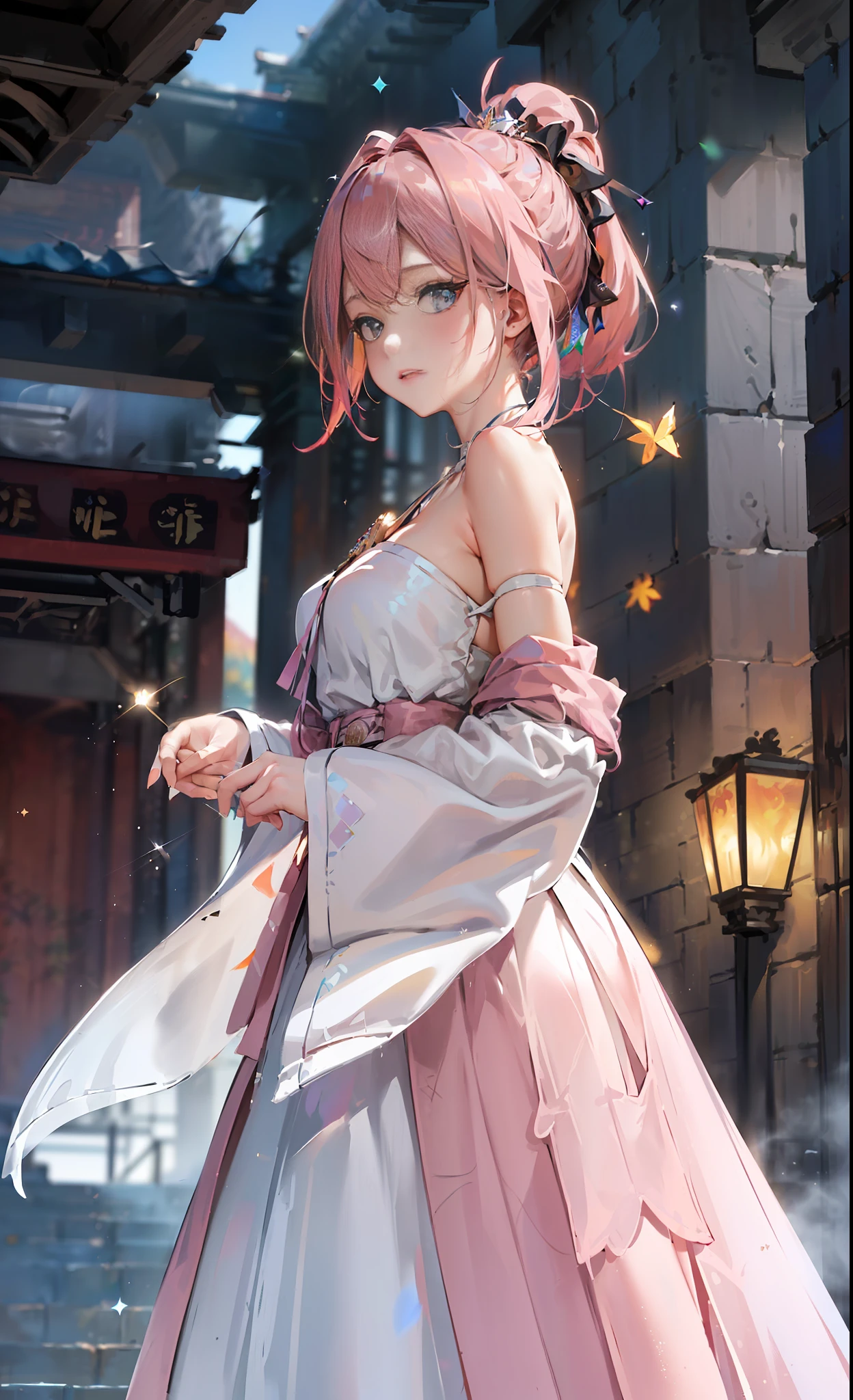 (Masterpiece), (Best Quality), (Super Detailed), (Dirty Hair), (Illustration), (1 Girl) (Long Pink Hair 1.5) (Blue Eyes) (Double Ponytail 2.0), ((((No Shoulders))),Hanfu, (Looking at the Audience, (Interview), (Simple Background), Beautiful and Delicate Eyes, Delicate Beautiful Face, Soaring (High Saturation), (Colorful Glitter), Multi-colored Bubbles, (Glitter), Accent on Face, PerfectNwsjMajic, conservative clothes, Shoulderless, autumn clothes, facing the masses, perfect figure,