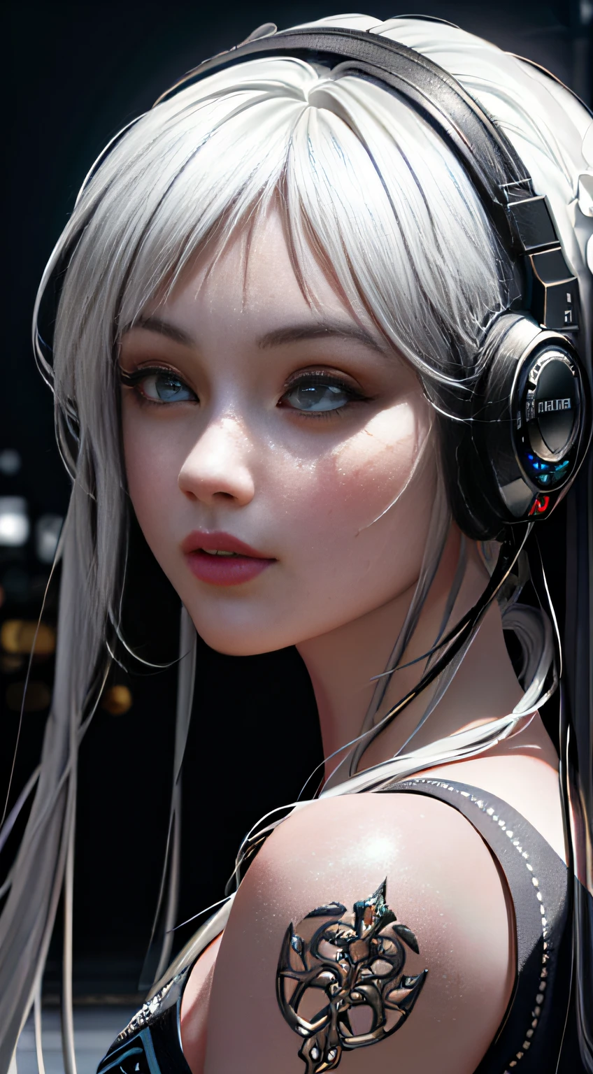 (masterpiece, finely detailed beautiful eyes: 1.2), (on the moon, space, looking back into earth), white hair, black tank top, volumetric lighting, white jacket, glowing headphone, cyberpunk, futuristic, multi-color eyes, detailed eyes, hyper detailed,light smile, highly detailed, beautiful, small details, ultra detailed, best quality, intricate, hyperrealism, sharp, digital illustration, detailed, realism, intricate, 4k, 8k, trending on artstation, good anatomy, beautiful lighting, award-winning, photorealistic, realistic shadows, realistic lighting, beautiful lighting, raytracing, intricate details, moody, rule of thirds, masterpiece, (illustration:1.1), highres, (extremely detailed CG, unity, 8k wallpaper:1.1), beautiful face, highly detailed face, ultra realistic, masterpiece, bokeh, extremely detailed, intricate, zoomout, colorful, vibrant colors, red nail polish, side view,.